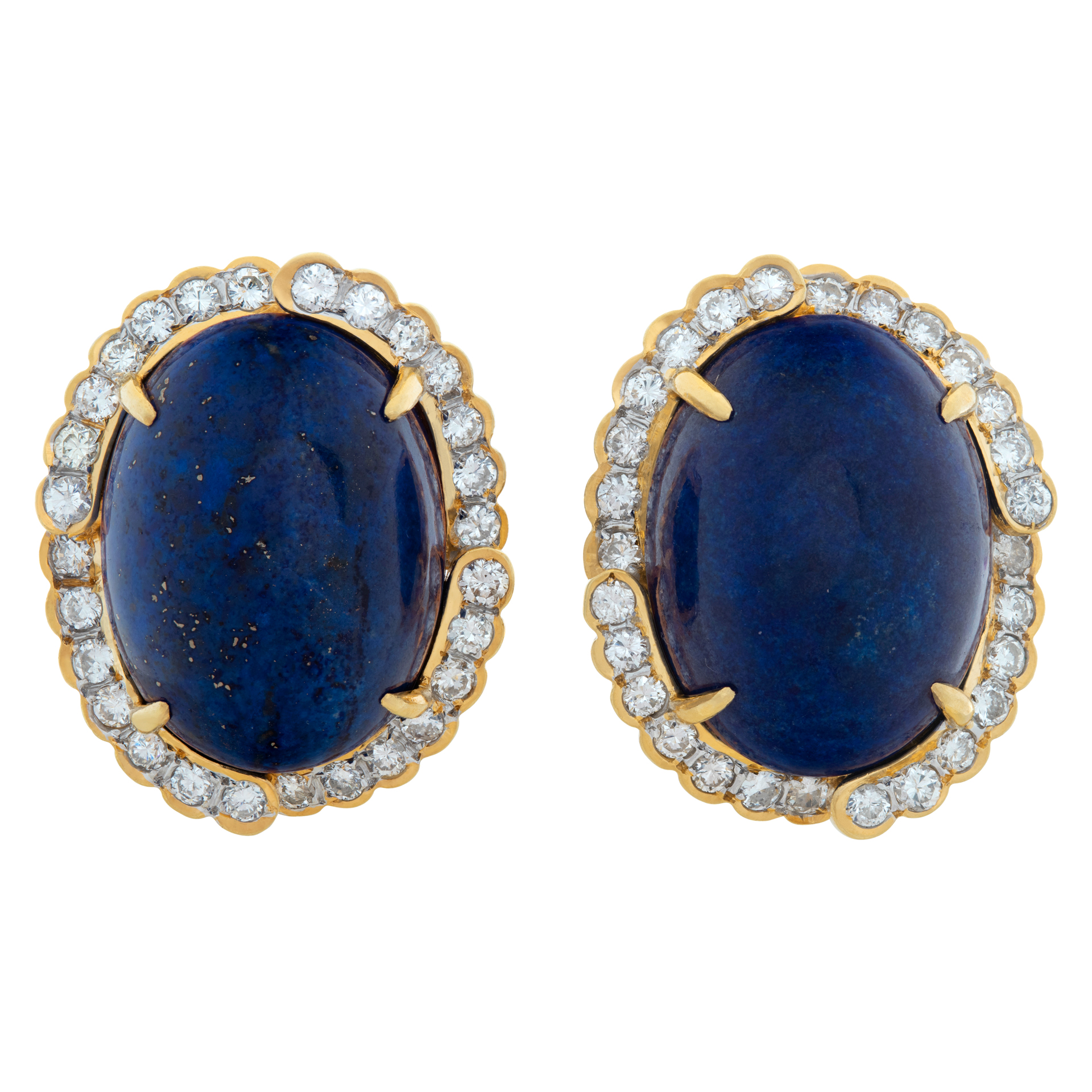 Large oval cabochon lapis lazuli & diamonds earrings set in 18K yellow gold.