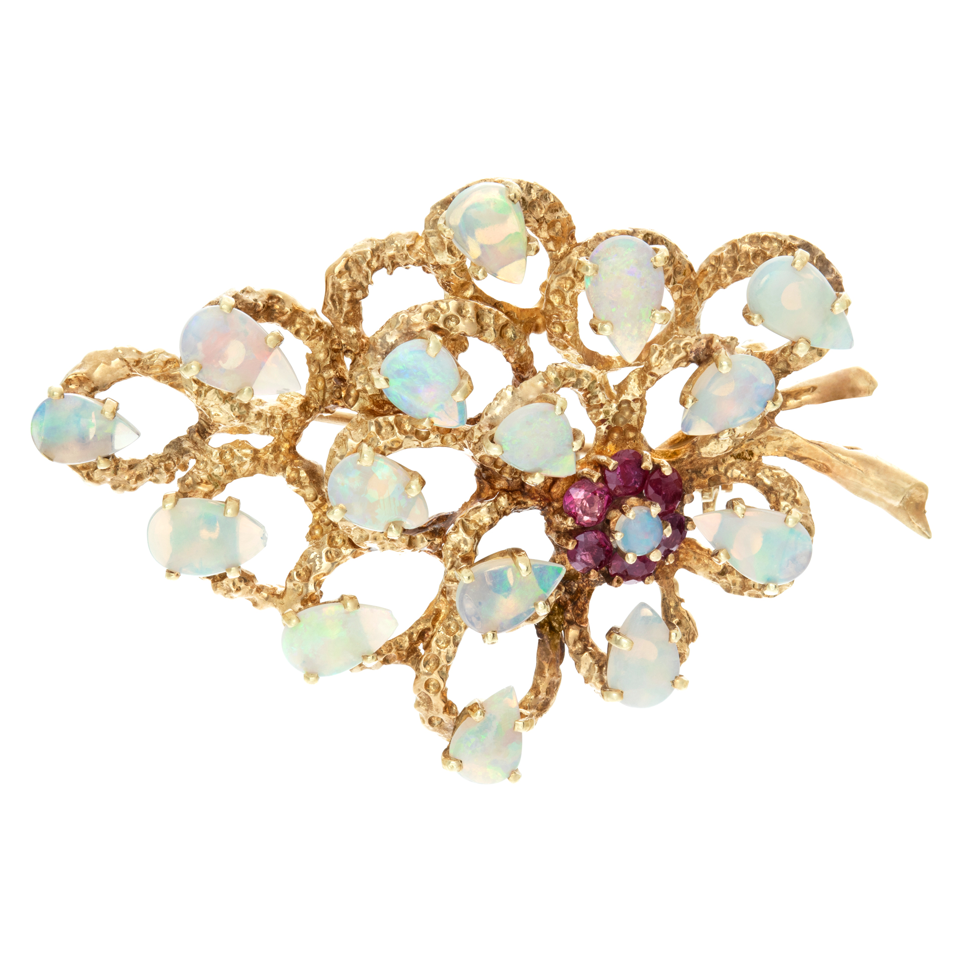 Vintage leaf broach with 15 pear shape Opal set in 14k yellow gold with ruby accents