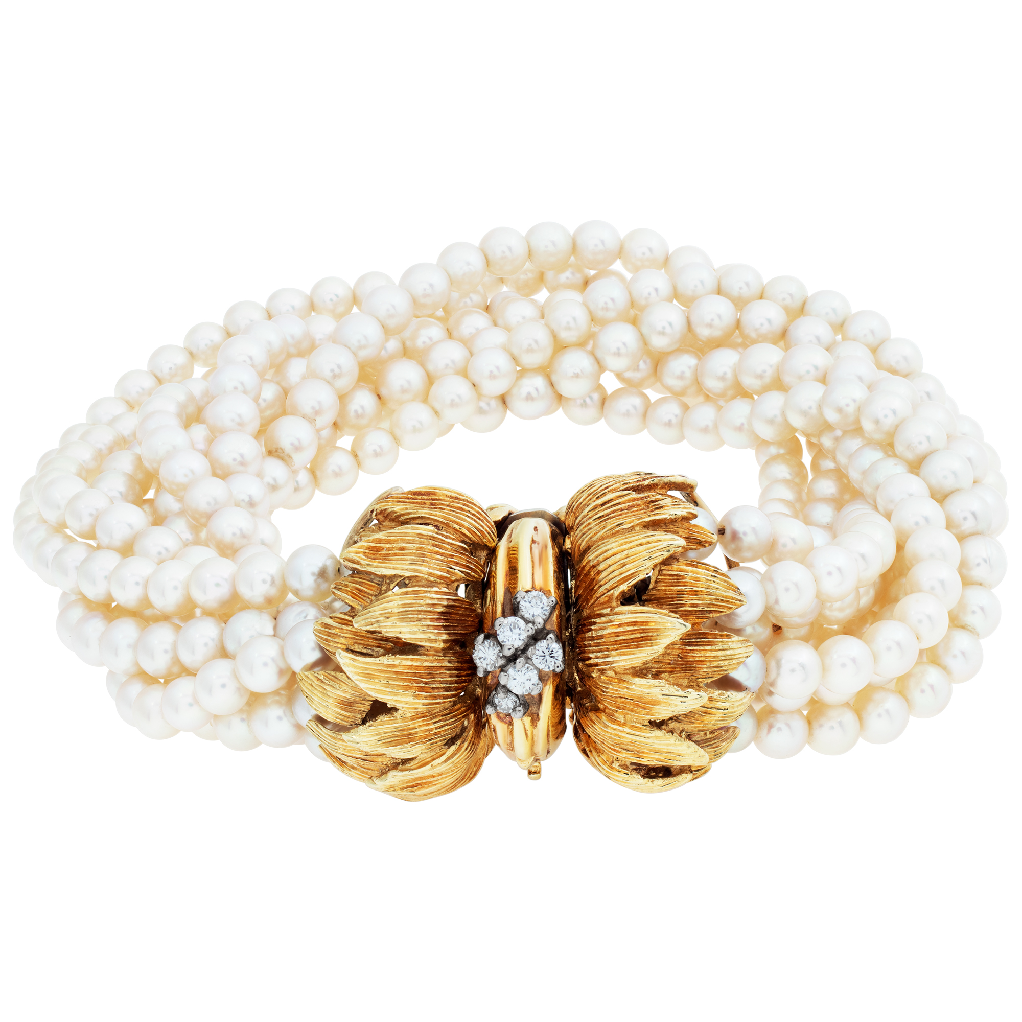 Multi strand Pearl Bracelet w/ fancy diamond clasp in 18k