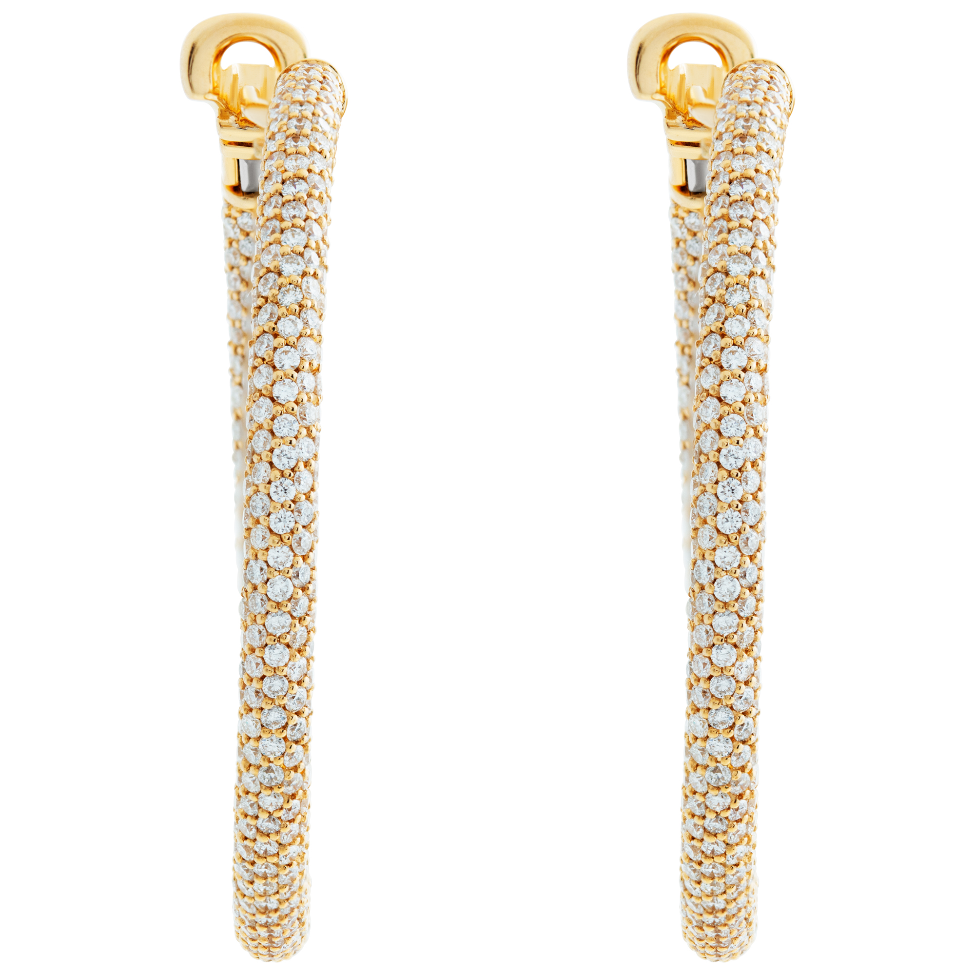 Stunning 18k yellow gold pave hoop earrings with 6.90 carats in round brilliant cut diamonds