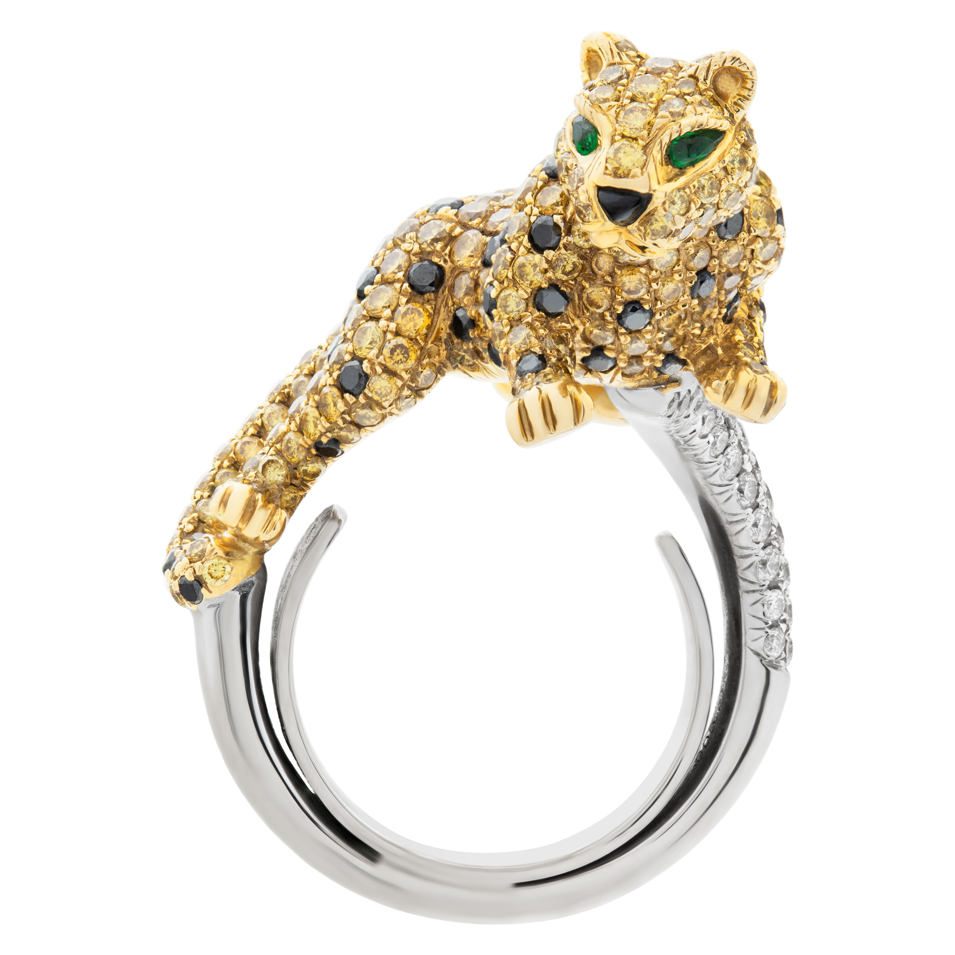 Spotted Leopard ring with white, champagne and black diamonds