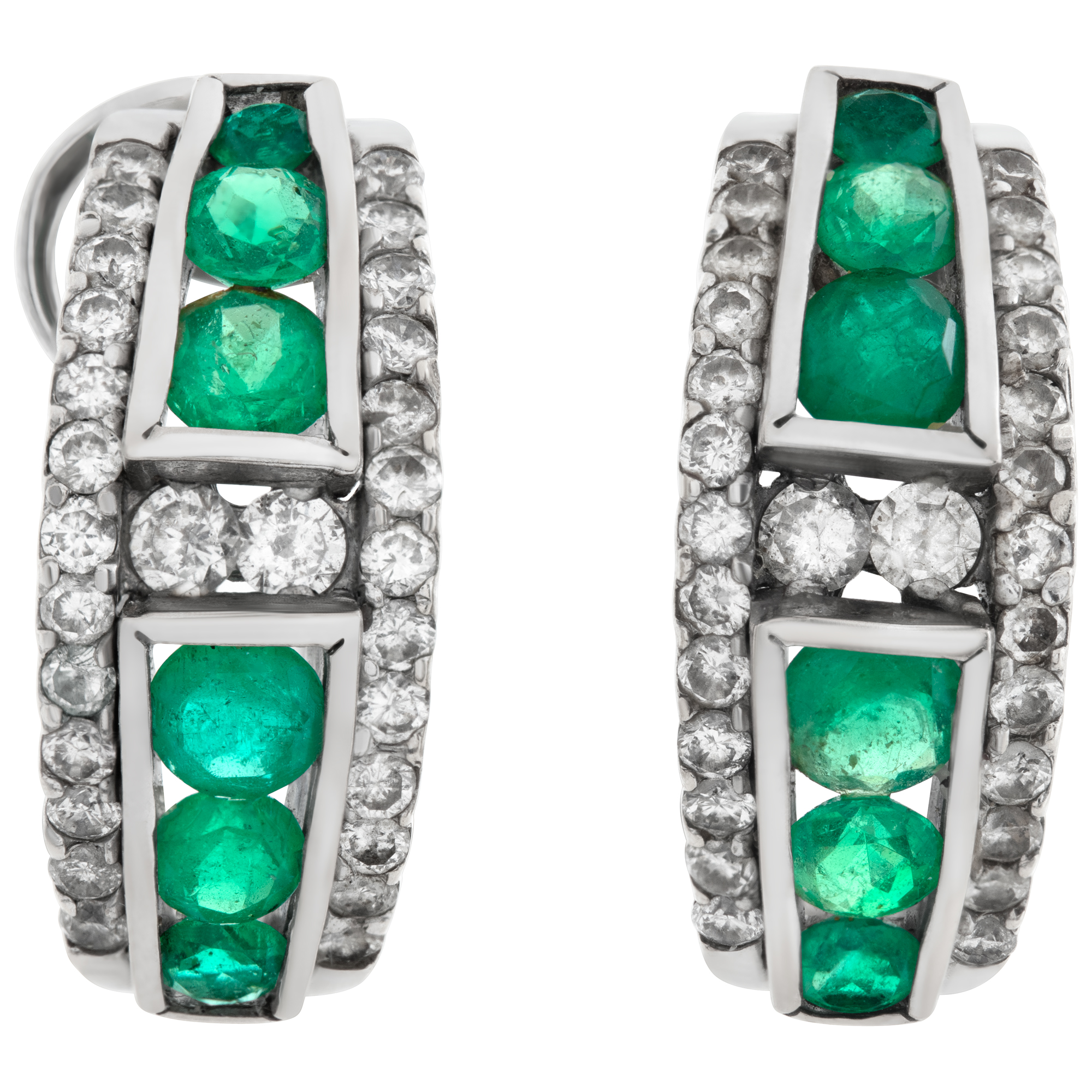 Diamond and Emerald huggie earrings in 18k white gold with omega clip backs