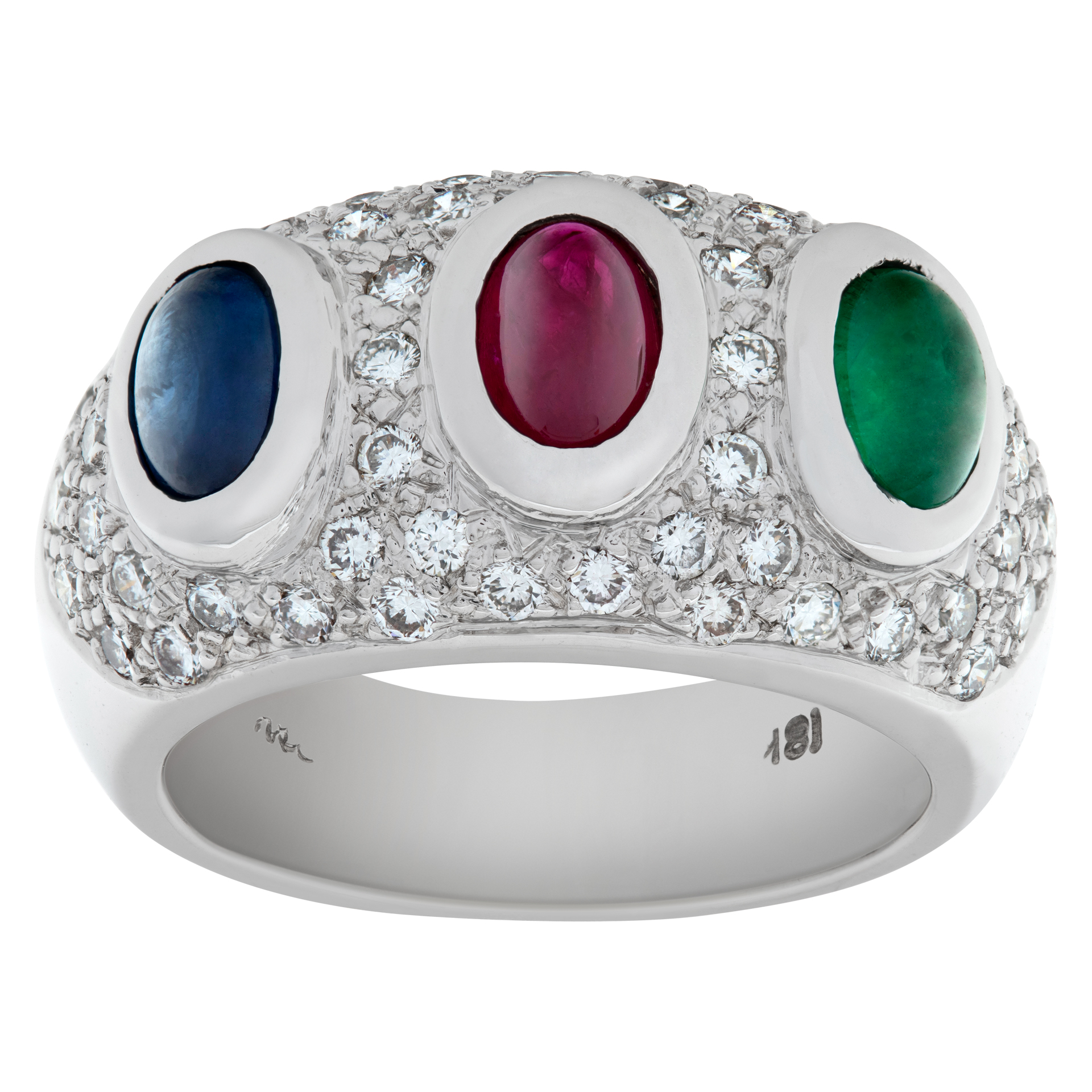 Pave diamond ring with cabochon sapphire ruby & emerald in 18k white gold