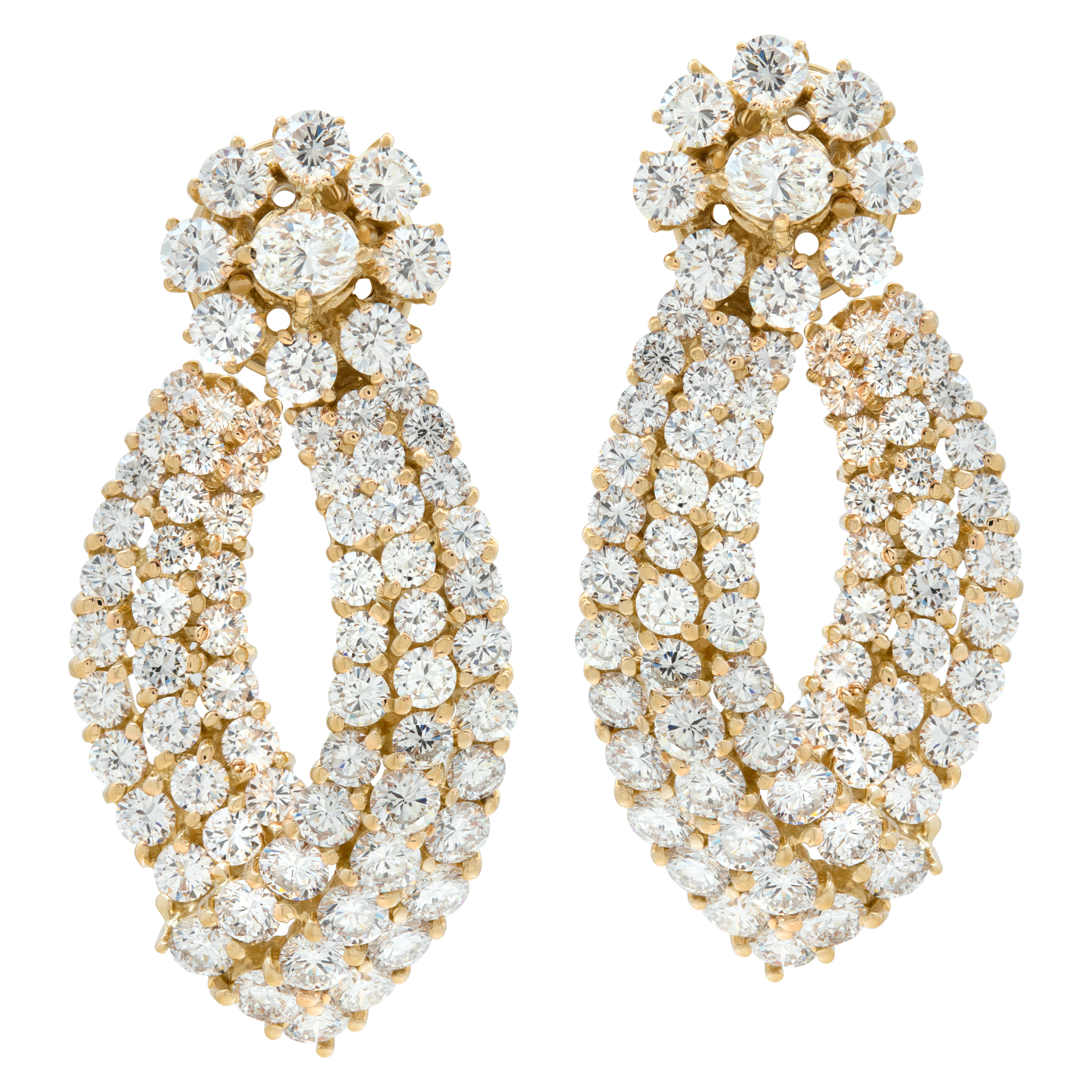 Dangling diamond earrings set in 18K yellow gold with over 15 carats round brilliant cut diamonds.