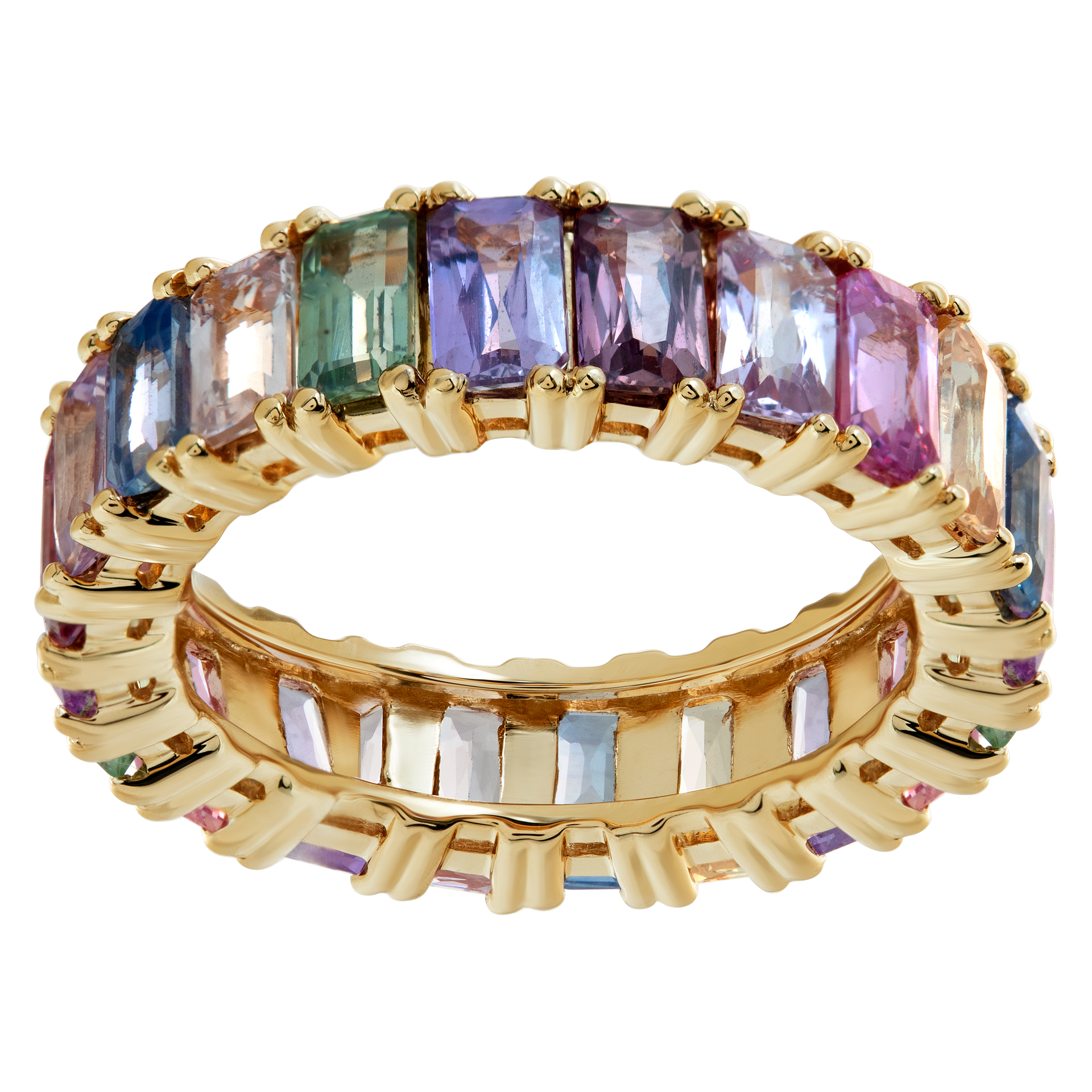 Colorful sapphire eternity band in 14k yellow gold