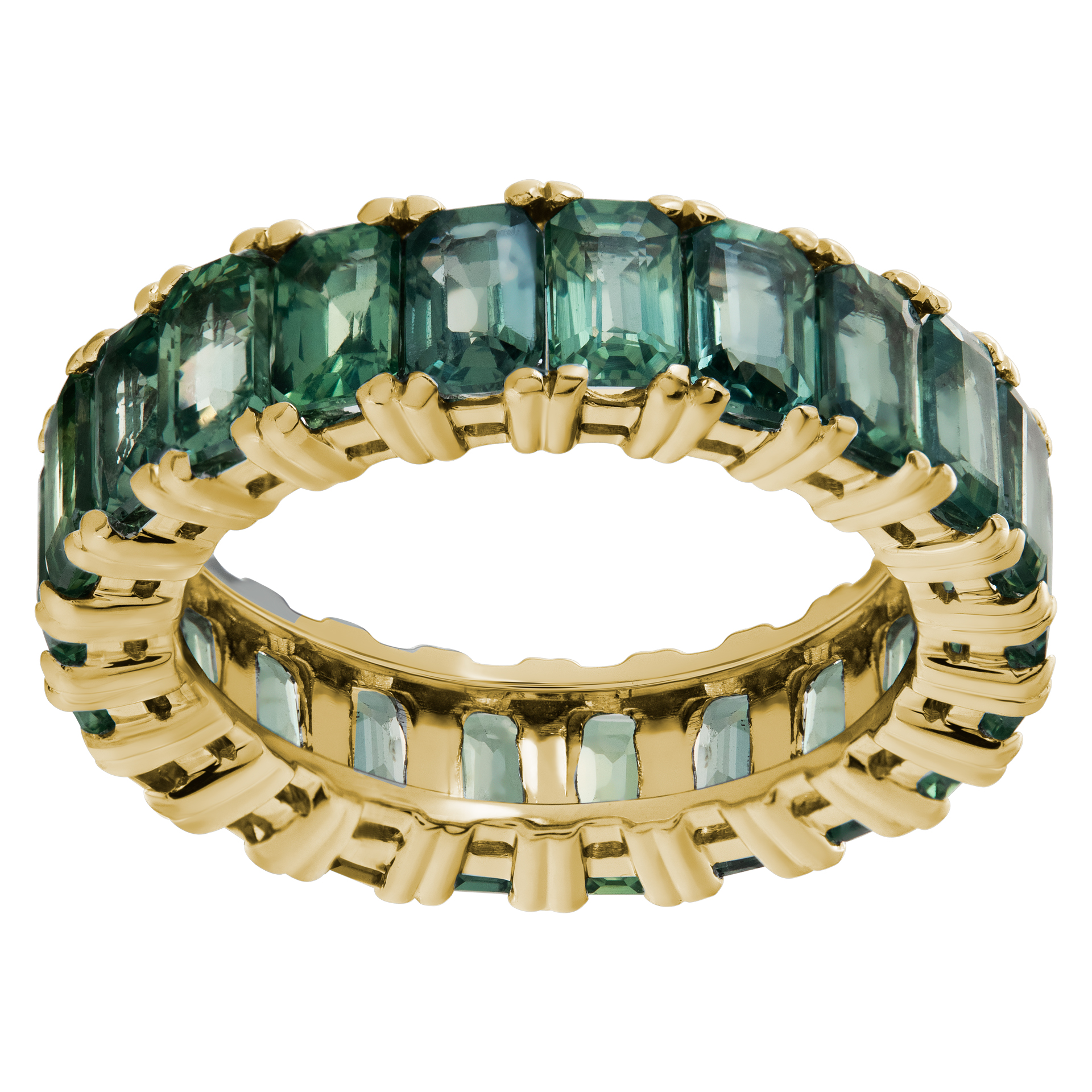 Green sapphire eternity band in 14k yellow gold