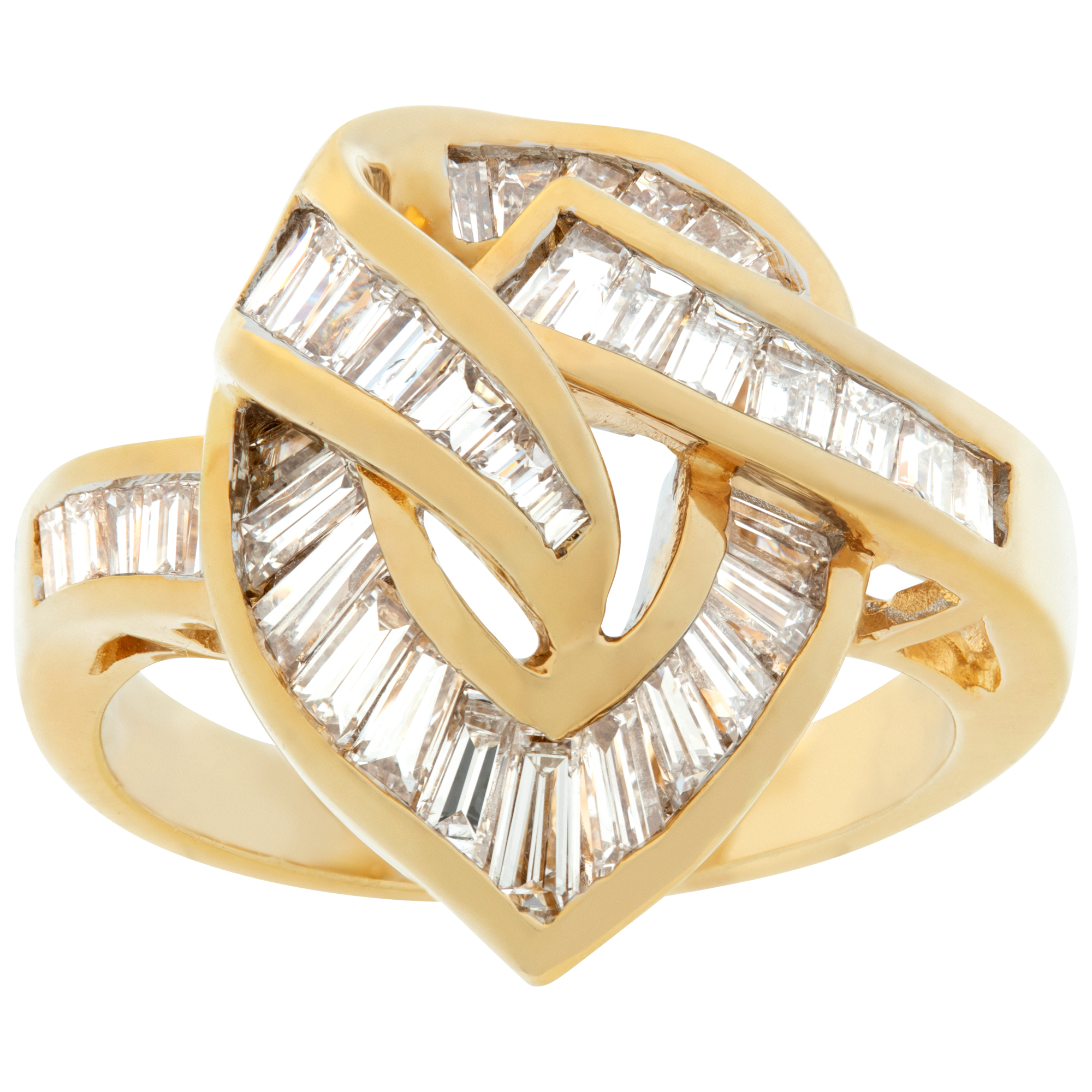 18k yellow gold swirl of diamonds ring with approximately 3 carats in baguette