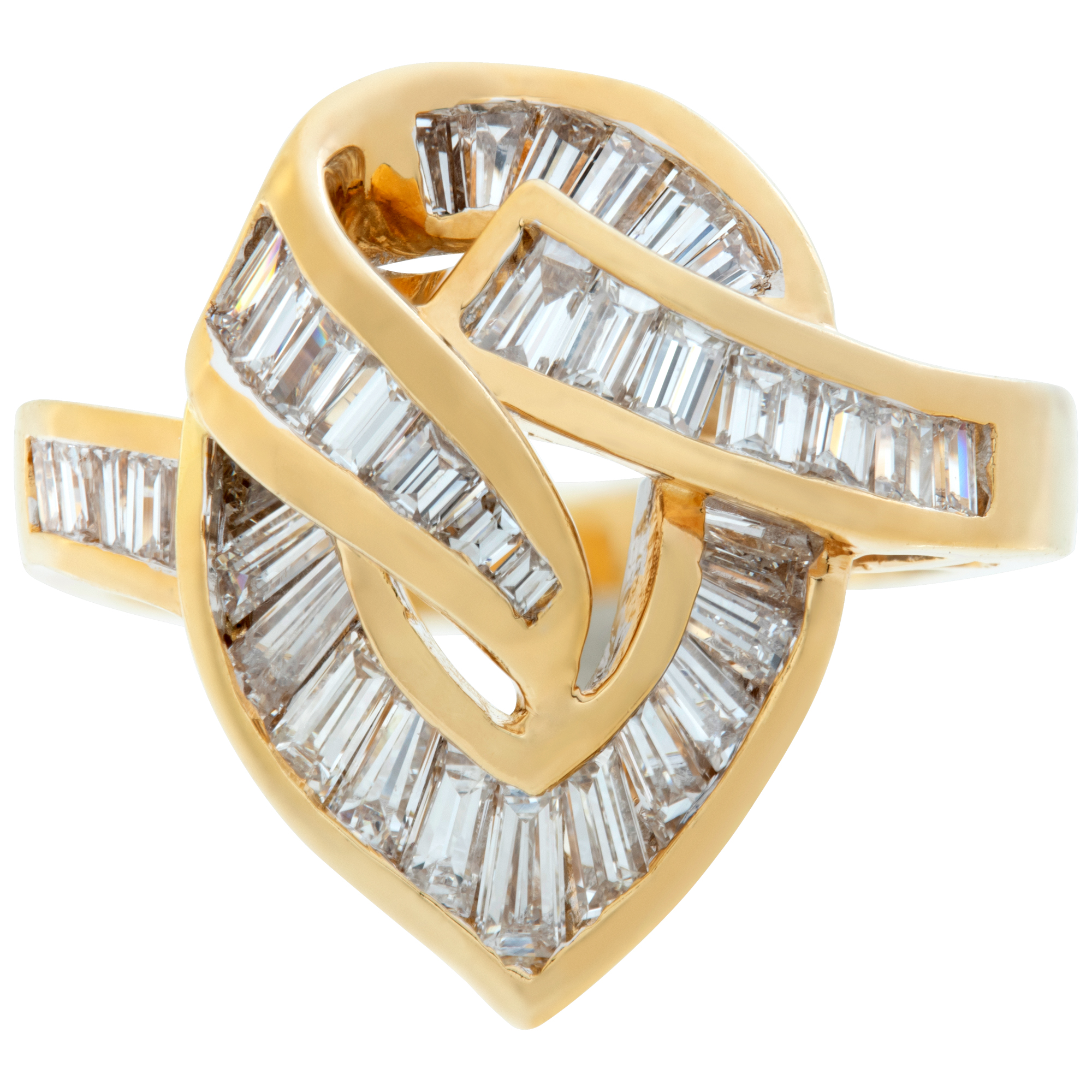 18k yellow gold swirl of diamonds ring with approximately 3 carats in baguette