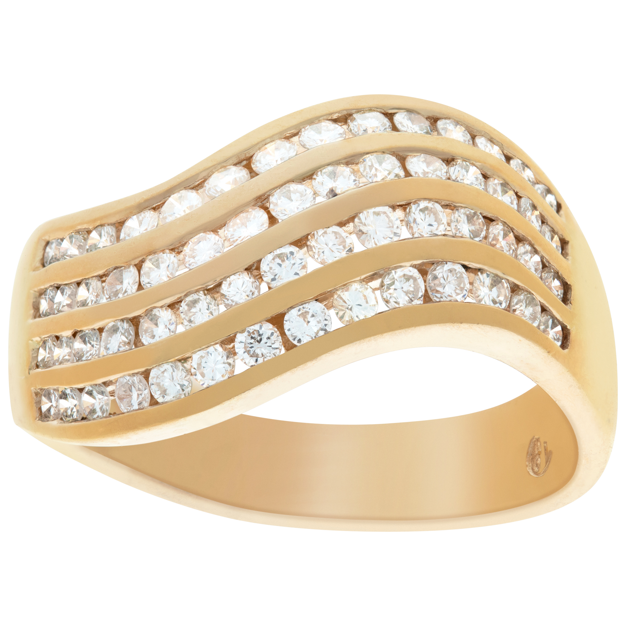 Channel set 4 row diamond wave ring in 18k yellow gold