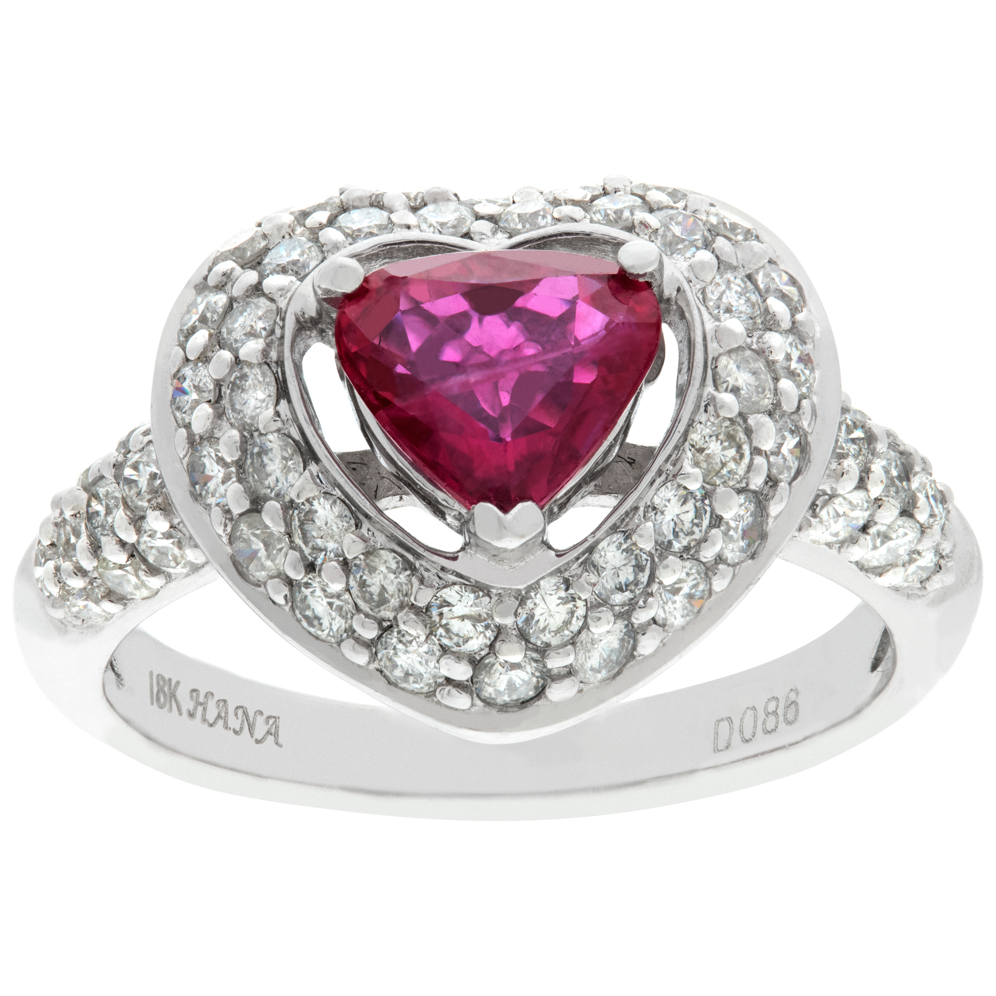 Heart shaped ring with center ruby and surrounded by pave set diamonds in 18k white gold