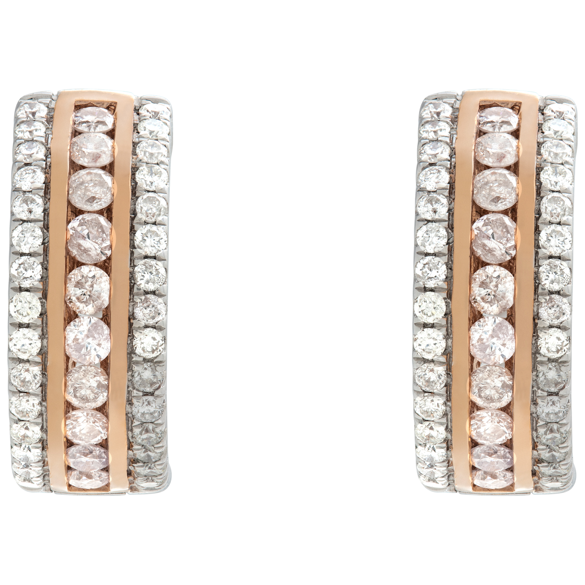 White and pink diamond huggie earrings in 18k white and rose gold.