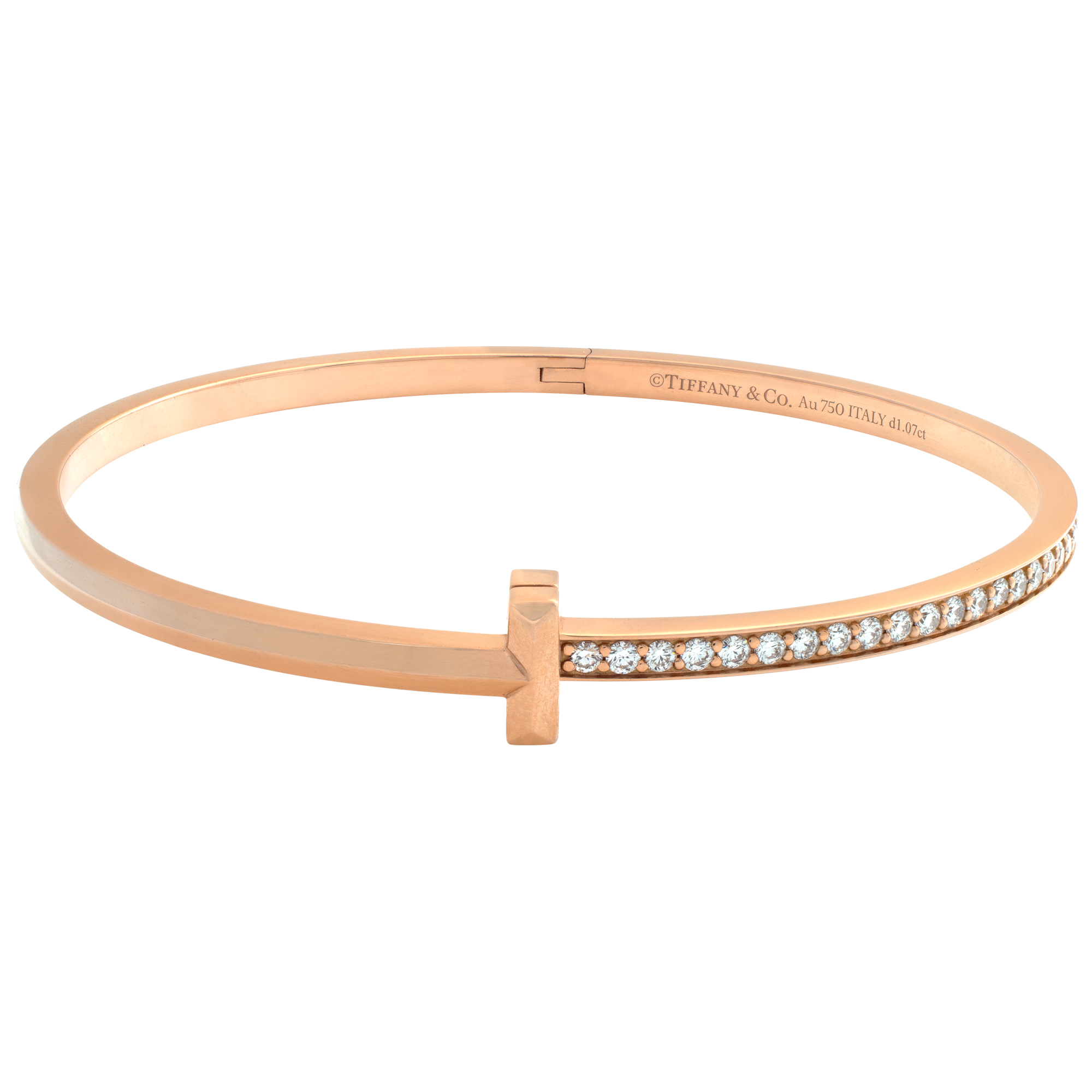 Tiffany & Co T1 T collection, hinged bangle in 18k rose gold with 1.07 carat round brilliant diamonds