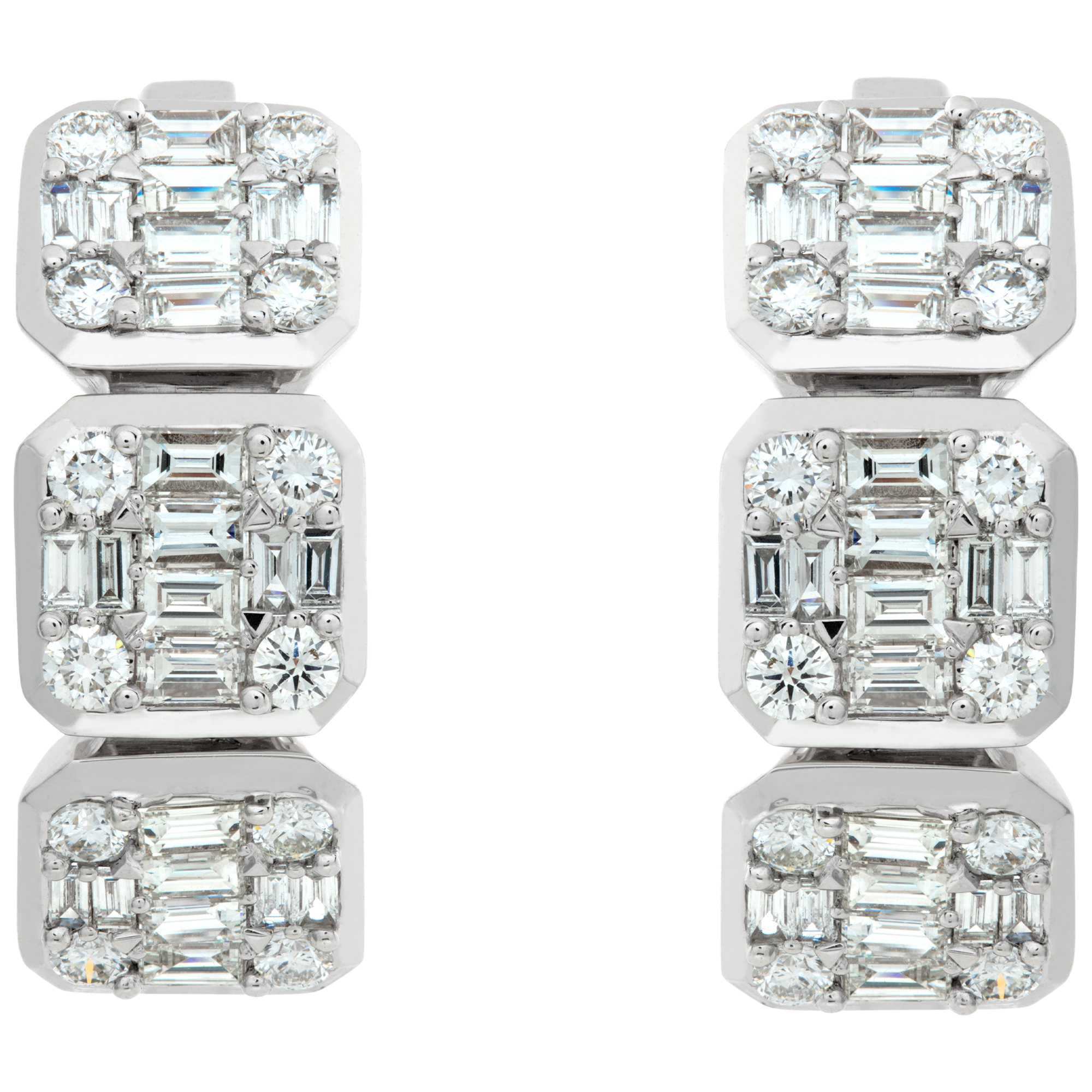 18k white gold diamond hoops with 3.28 carats in illusion set baguette & round cut diamonds