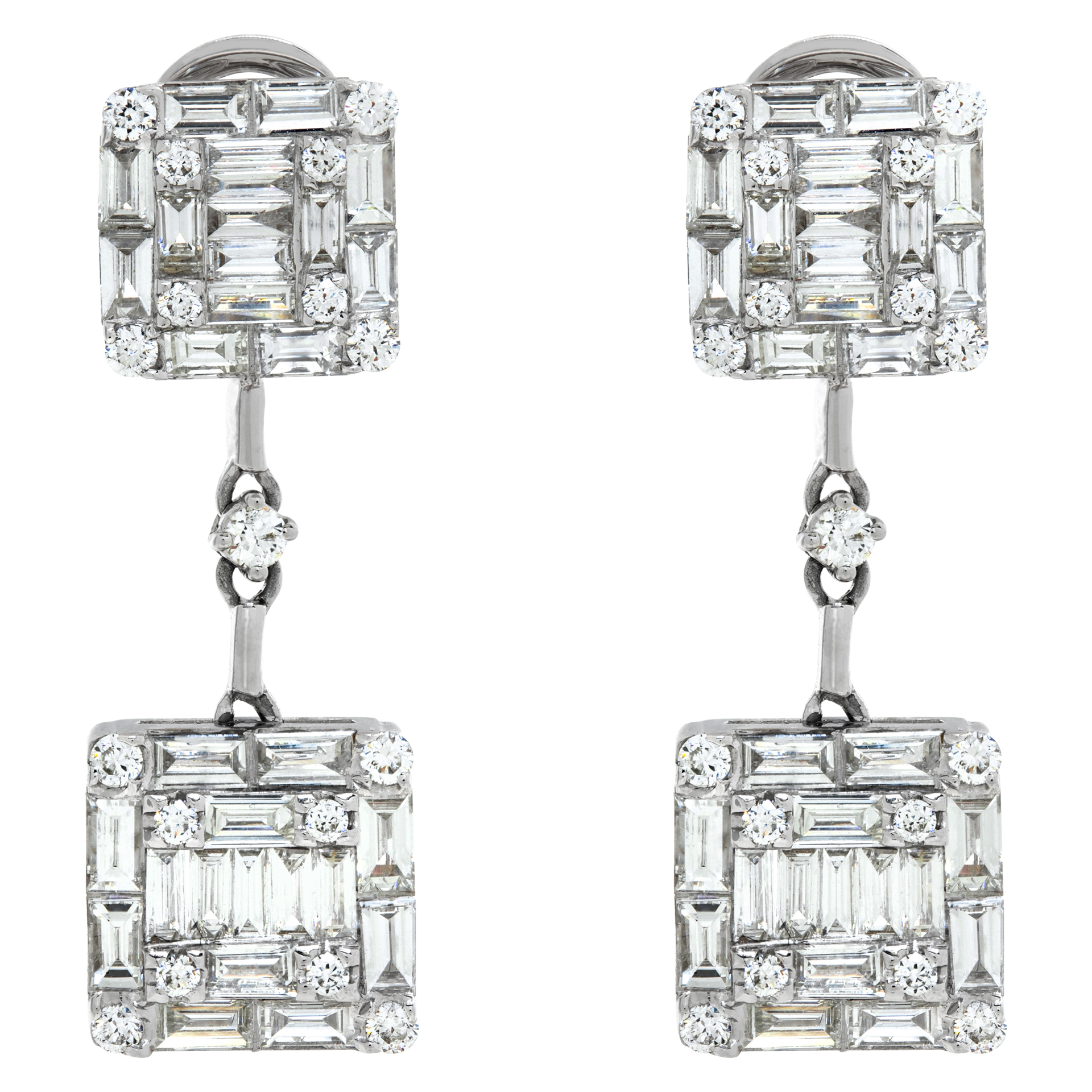 18k white gold illusion set diamond earrings with 2.15 carats in baguette & round cut diamonds