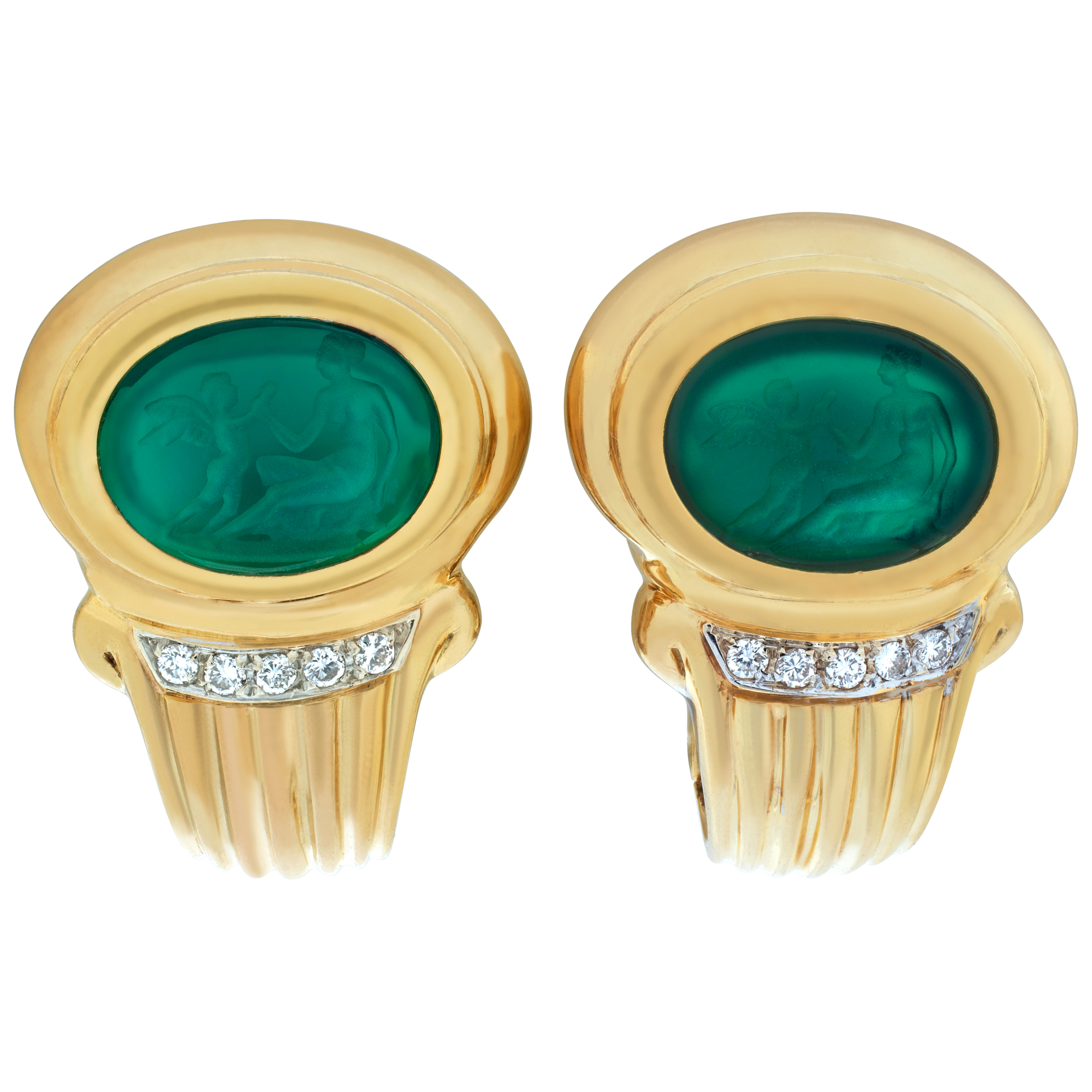 Hand carved green stones Intaglio earrings, set in 18k yellow gold with diamonds