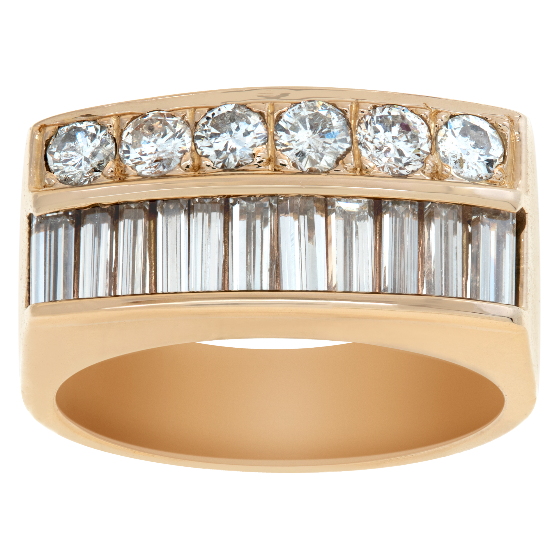 Double Row diamond ring in 18k yellow gold with 1.7 carats in baguettes and round diamonds