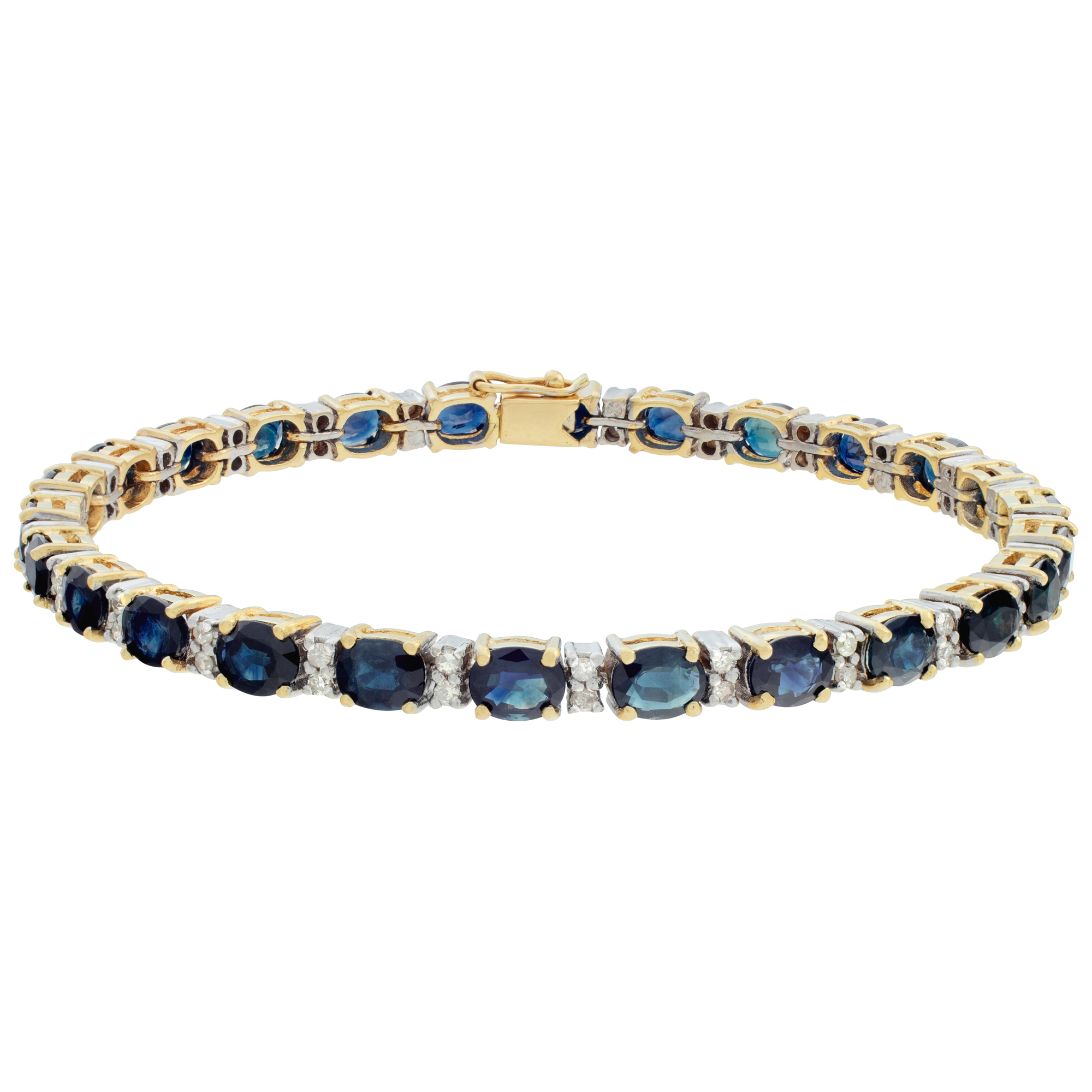 Oval cut sapphires, total approx. weight 12 carats and round diamonds line bracelet in 14k yellow gold