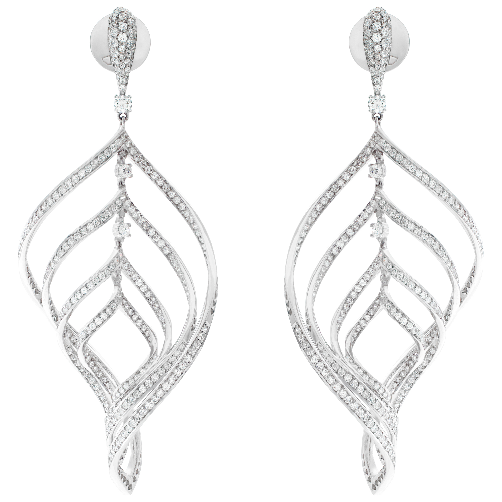 Dangling diamond earrings in shape of a swirling leaf, set in 18k white gold. Total approx. diamonds weight over 6.00 carats