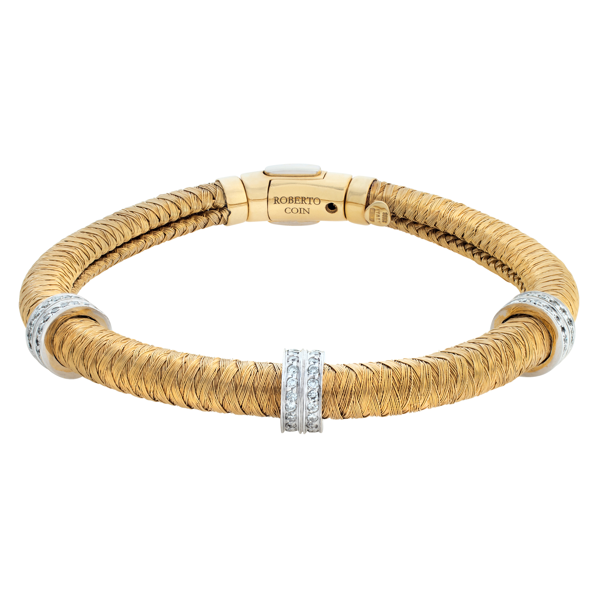 Roberto Coin Primavera Collection, Flexible Weaved Coil Bracelet In 18k Rose Gold With 3 White Gold Diamond Station