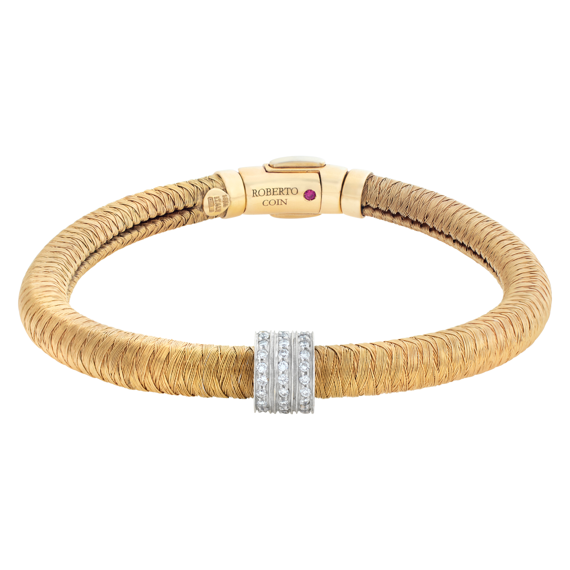 Roberto Coin Primavera Collection, Flexible Weaved Coil Bracelet In 18k Yellow Gold With One White Gold Diamond Station