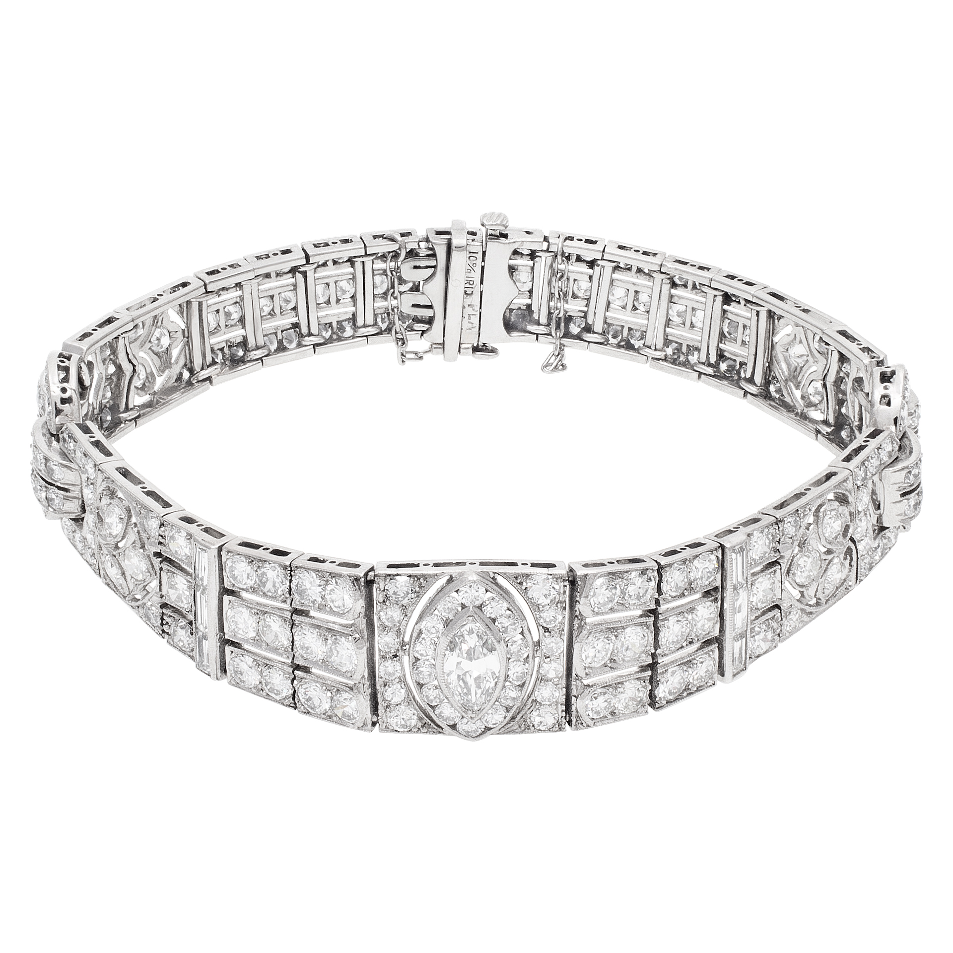 Art Deco, diamonds bracelet in platinum with approximately 8.55 carats Marquis, Baguettes and full brilliant Round  cut diamonds. 6.75 inches long.