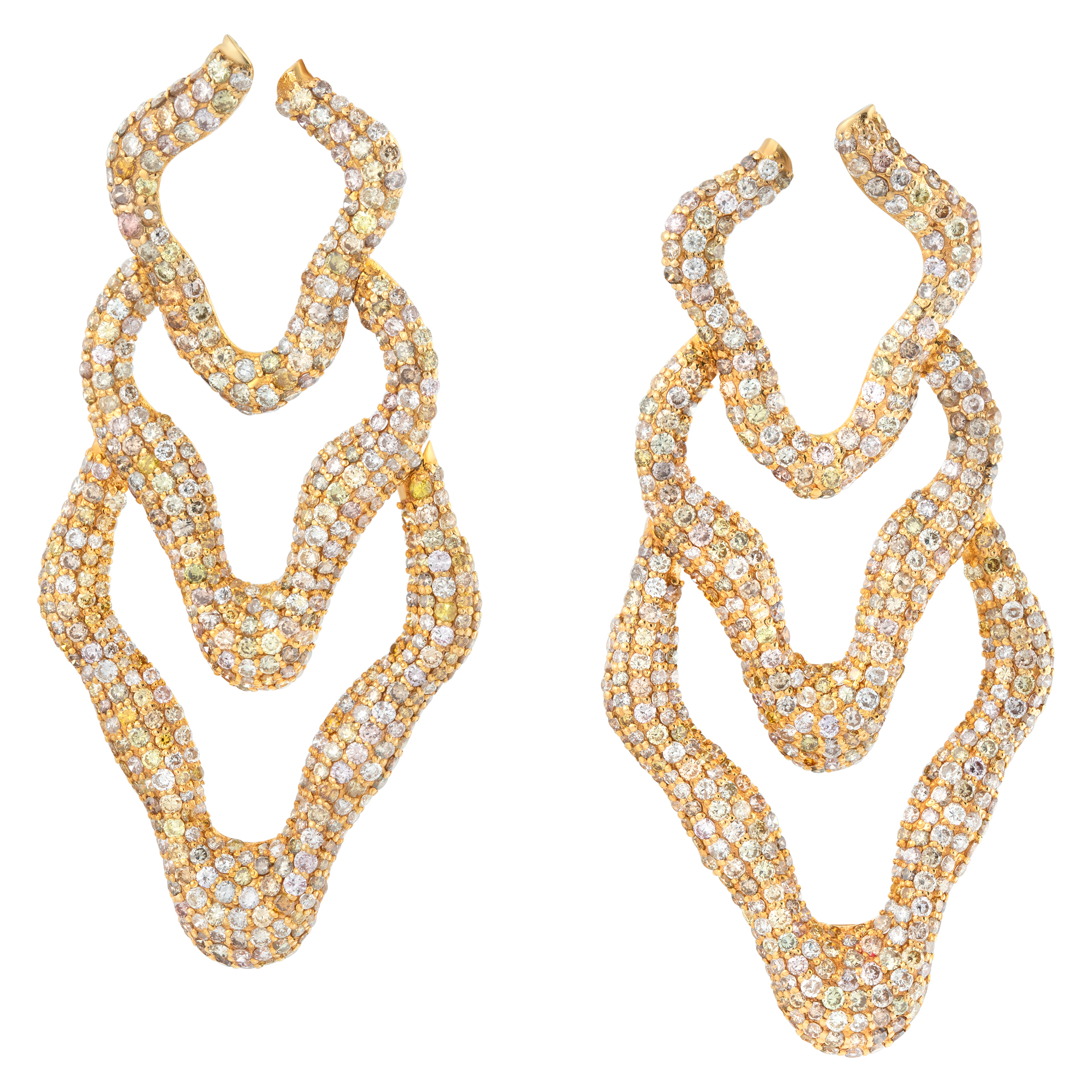 Hanging earrings with white, yellow, and champagne pave diamond set in 18k yellow gold. Round brillliant cut diamonds total approx. weight: 8.50 carats