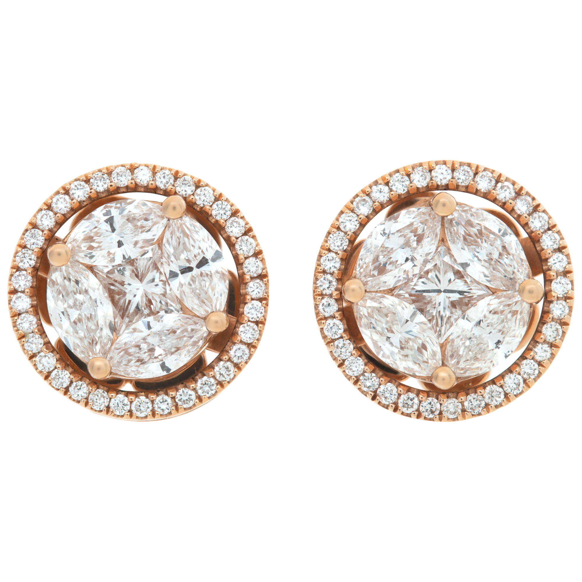 Halo illusion set diamond studs in 18k rose gold with 2.75 carats in diamonds
