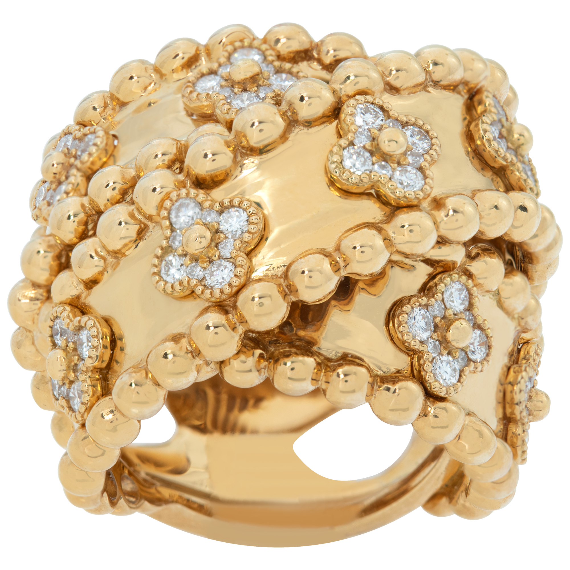 Wide crossover ring with  "Alhambra" style design diamond stations in 18K gold. (approx. 0.75 carat diamonds )