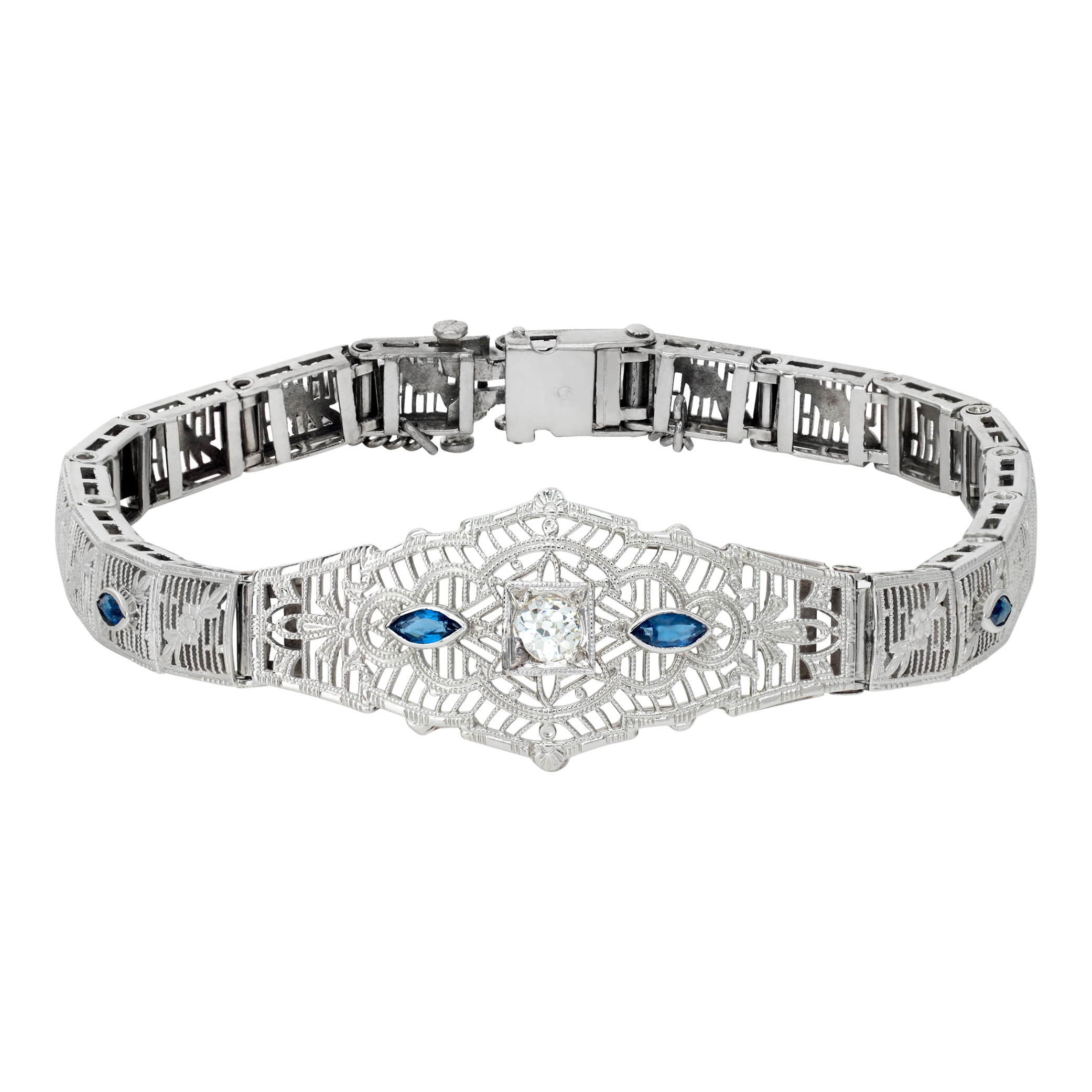 Edwardian filigree bracelet in 14k white gold with center rose cut diamond (0.10 carats) and 4 marquise blue sapphires