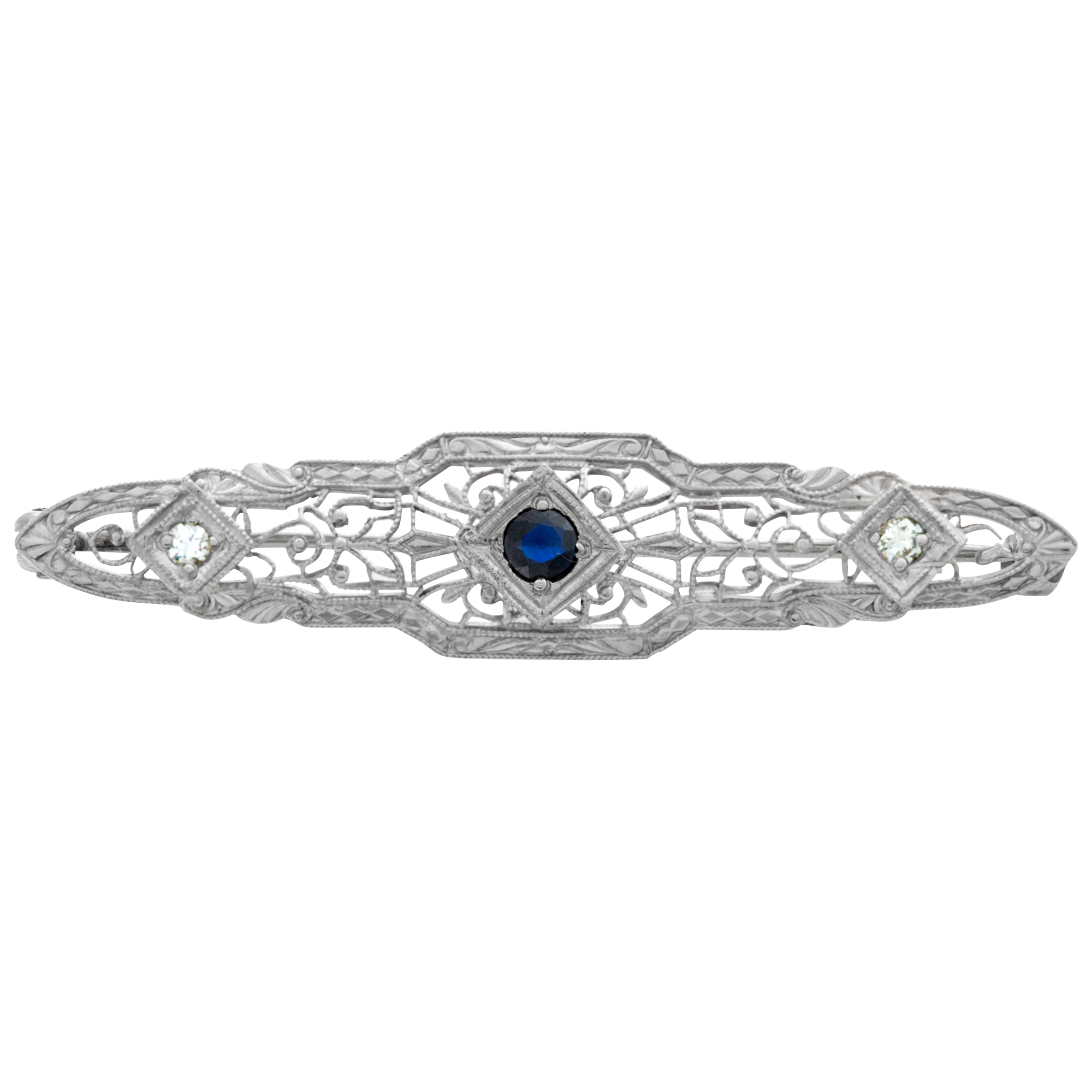 Edwardian pin in 14k white gold with center sapphire and 2 side accent diamonds (Stones)