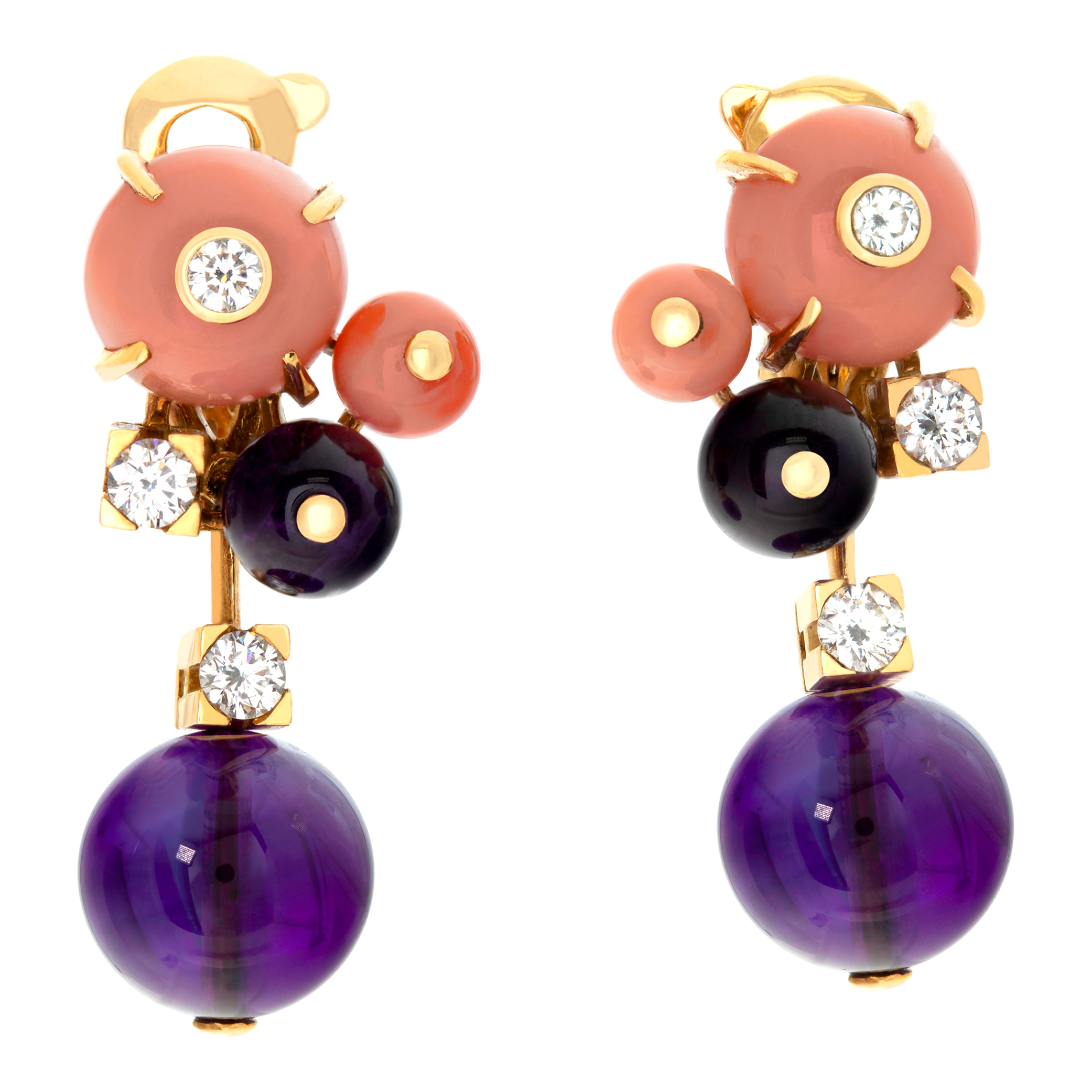 Cartier "Les Delices de Goa" earrings in 18k yellow gold with amethysts, coral, and diamonds