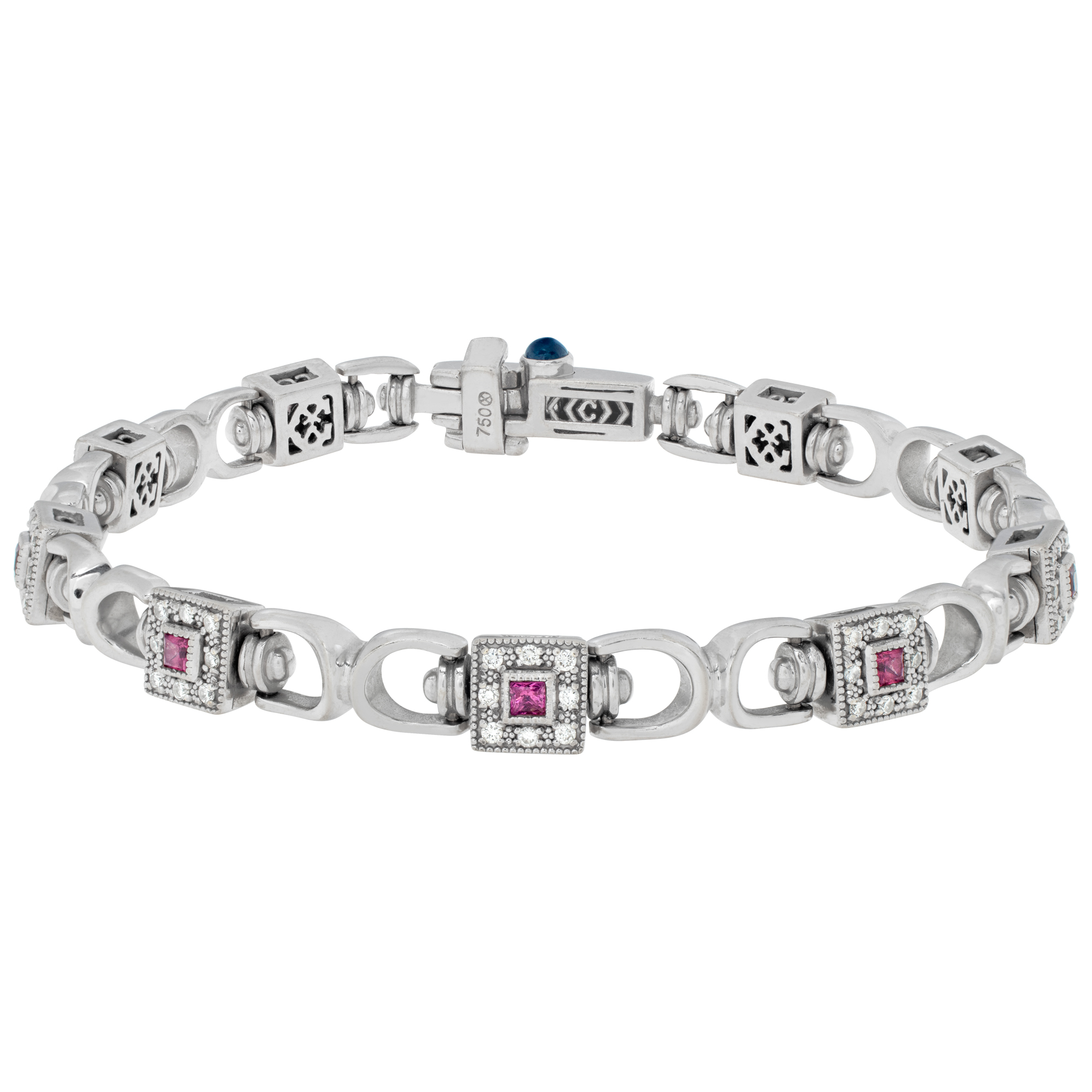 French Designer Charriol Heavy Link Diamonds & Pink Sapphires Bracelet. Round Brilliant Cut Diamonds Total Approx. Weight: 0.50 Carat. Length: 6.50 Inches.