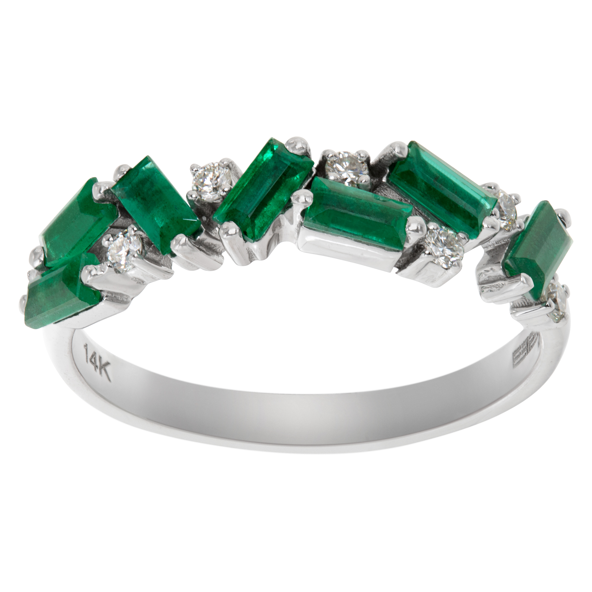 14k white gold ring with approx 0.55 cts in emeralds and approx 0.25 cts of accent diamonds. Size 6.75.