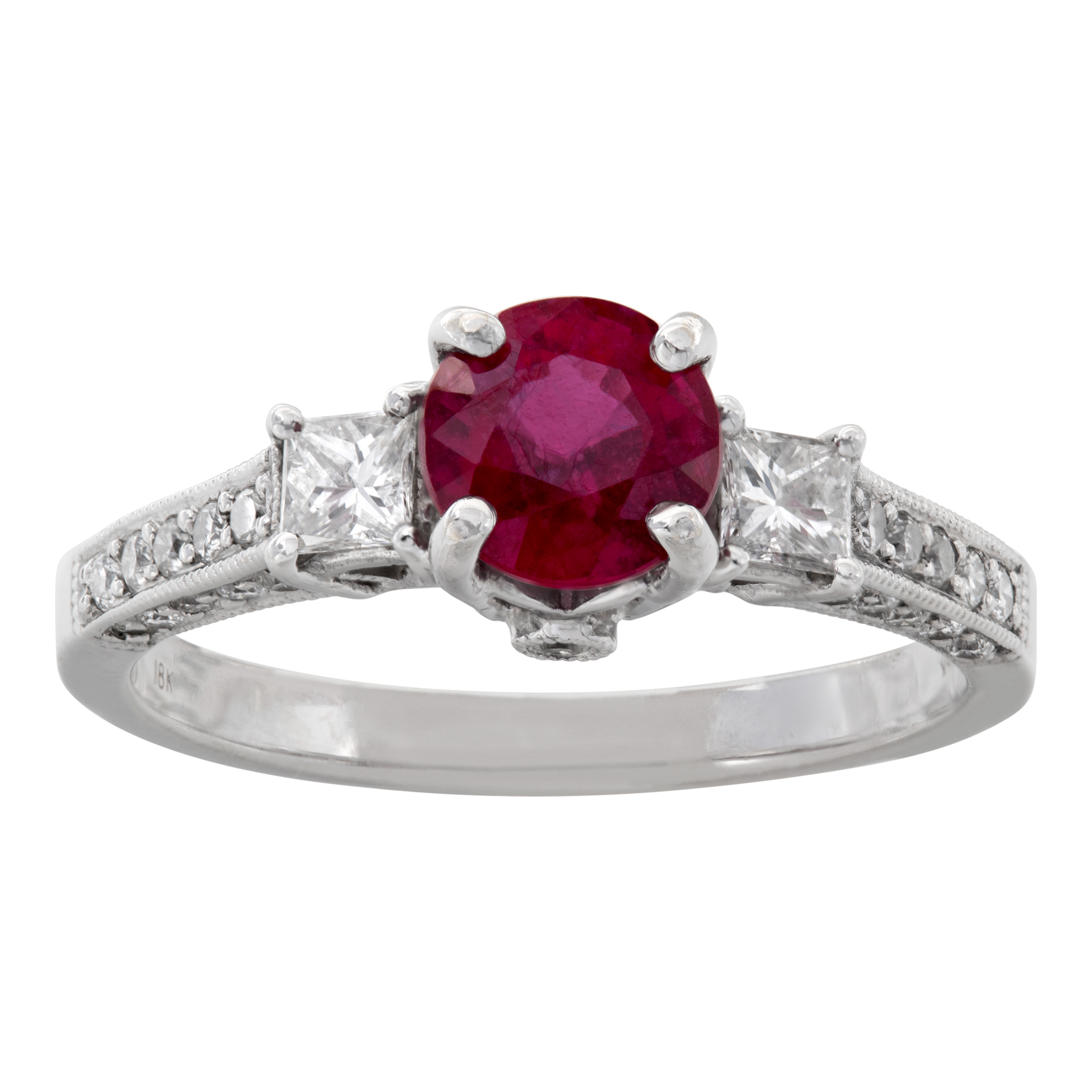 18k white gold ring with approx 0.80 ct princess cut center ruby with approx 0.30 cts of diamond accents. Size 7. (Stones)