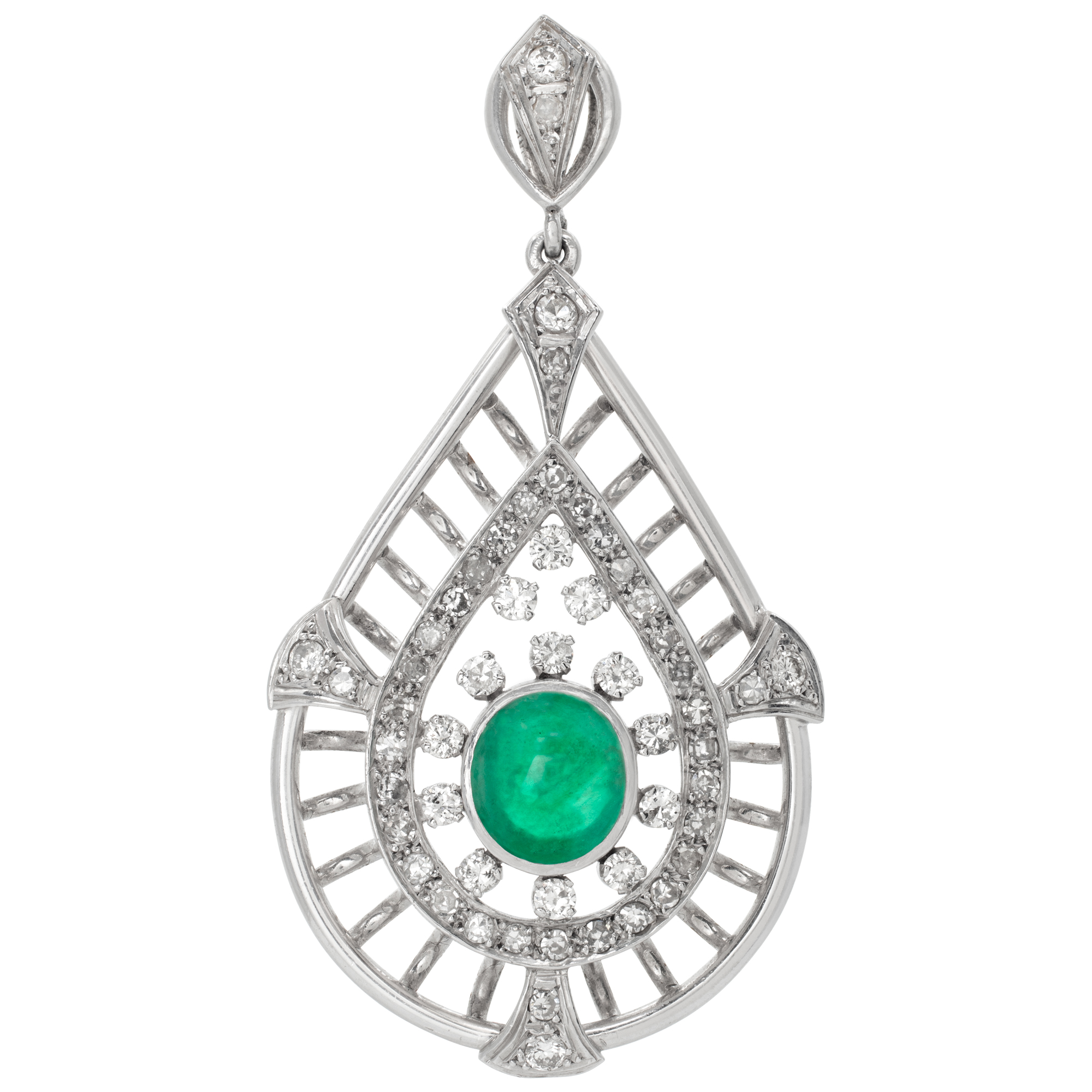 18k white gold tear drop brooch with center 2.0 ct cabachon emerald and approx 2 cts in accent diamonds