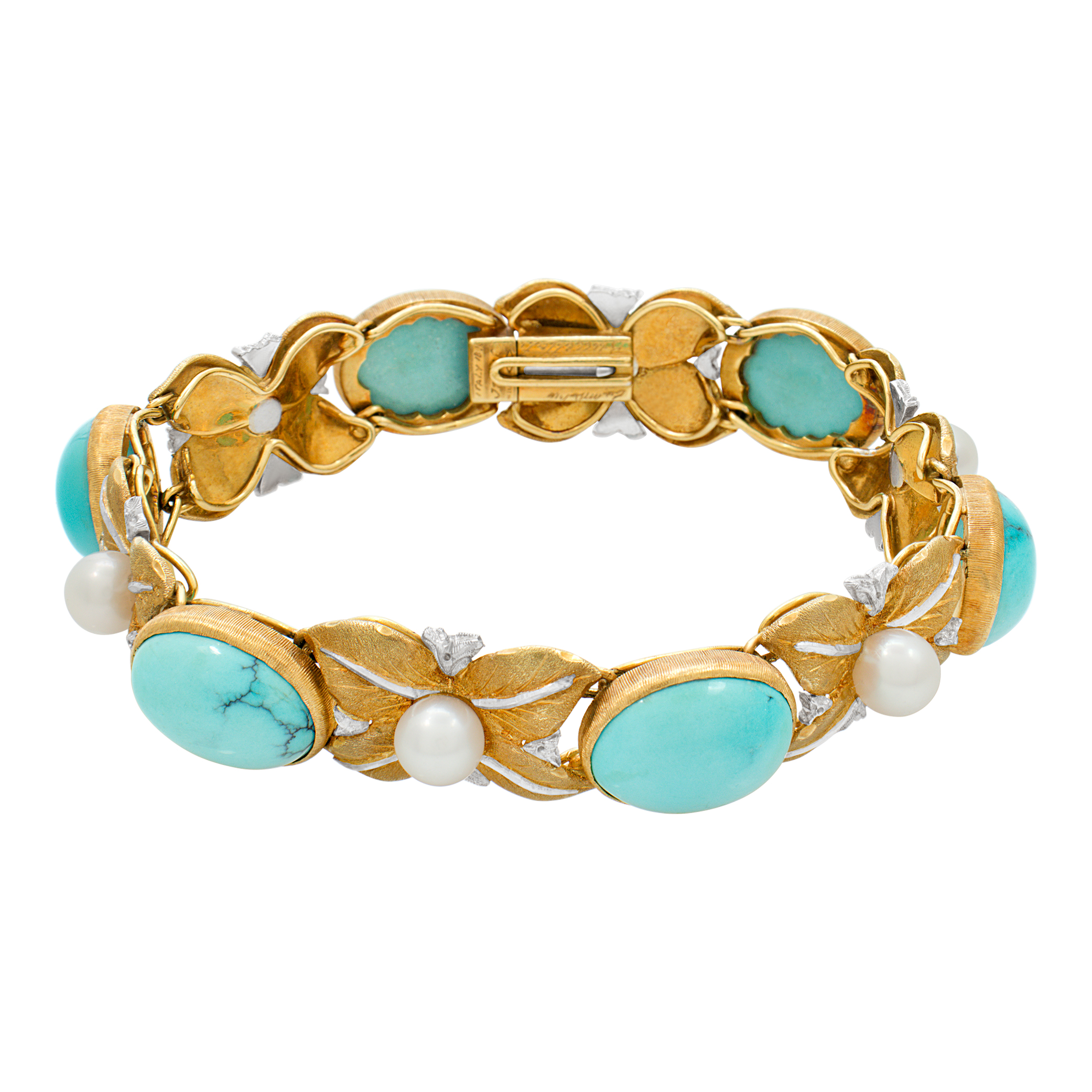 Vintage Italian designer Buccellati pearl and cabochon turquoise bracelet in 18k yellow & white gold.