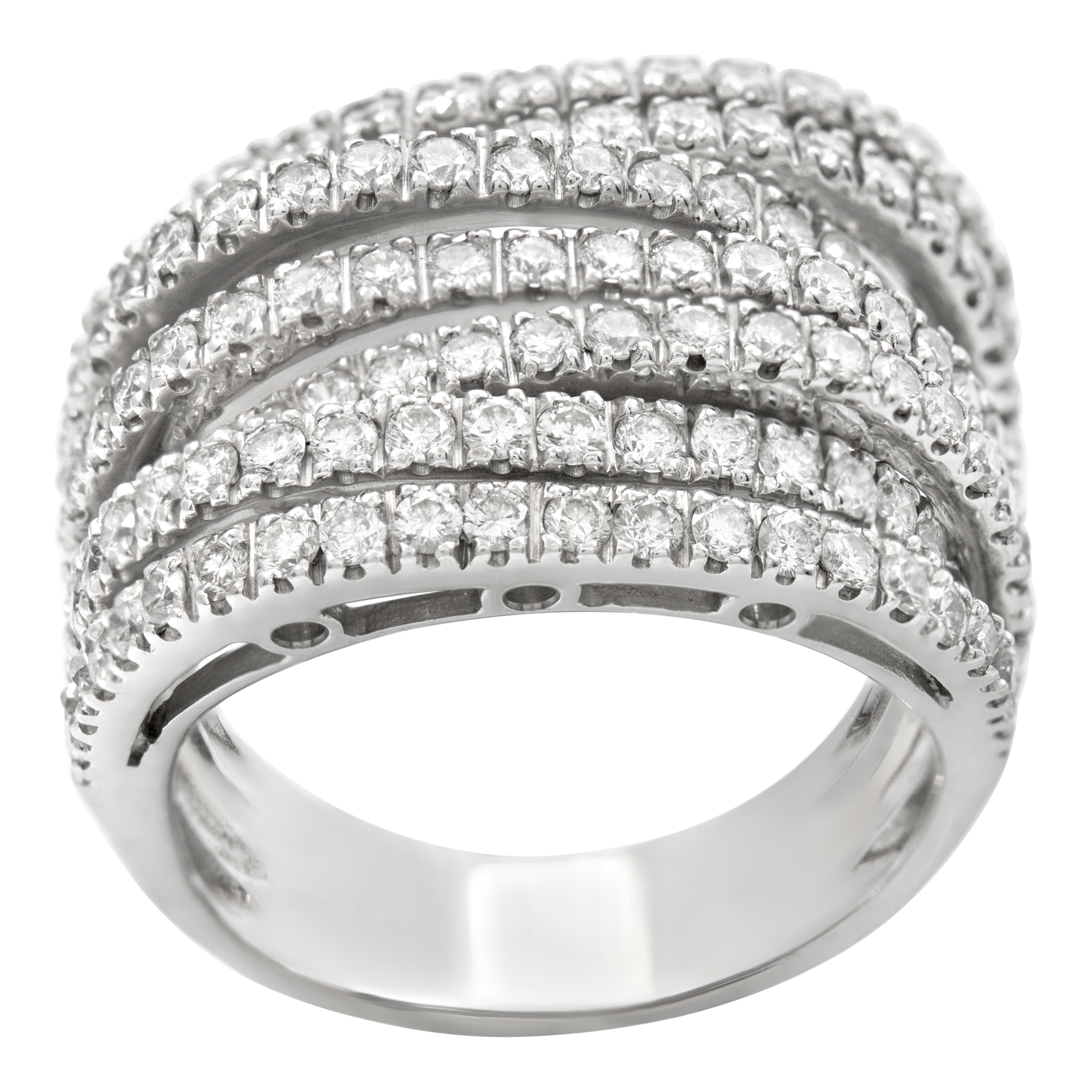 Wide seven rows diamonds ring in 18K white gold. Round brilliant cut diamond total approx. weight: 2.00 carats
