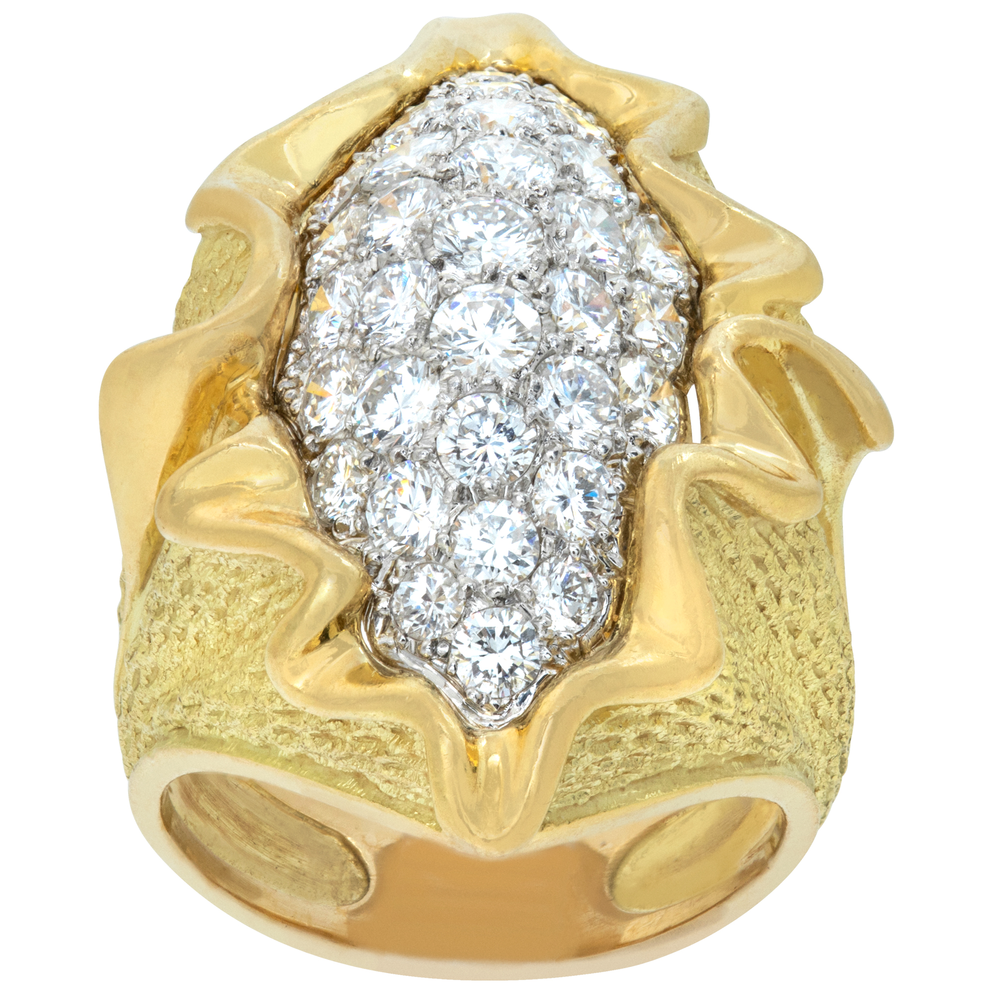 Wave ring with round brilliant cut diamonds set in 18k yellow and white gold.