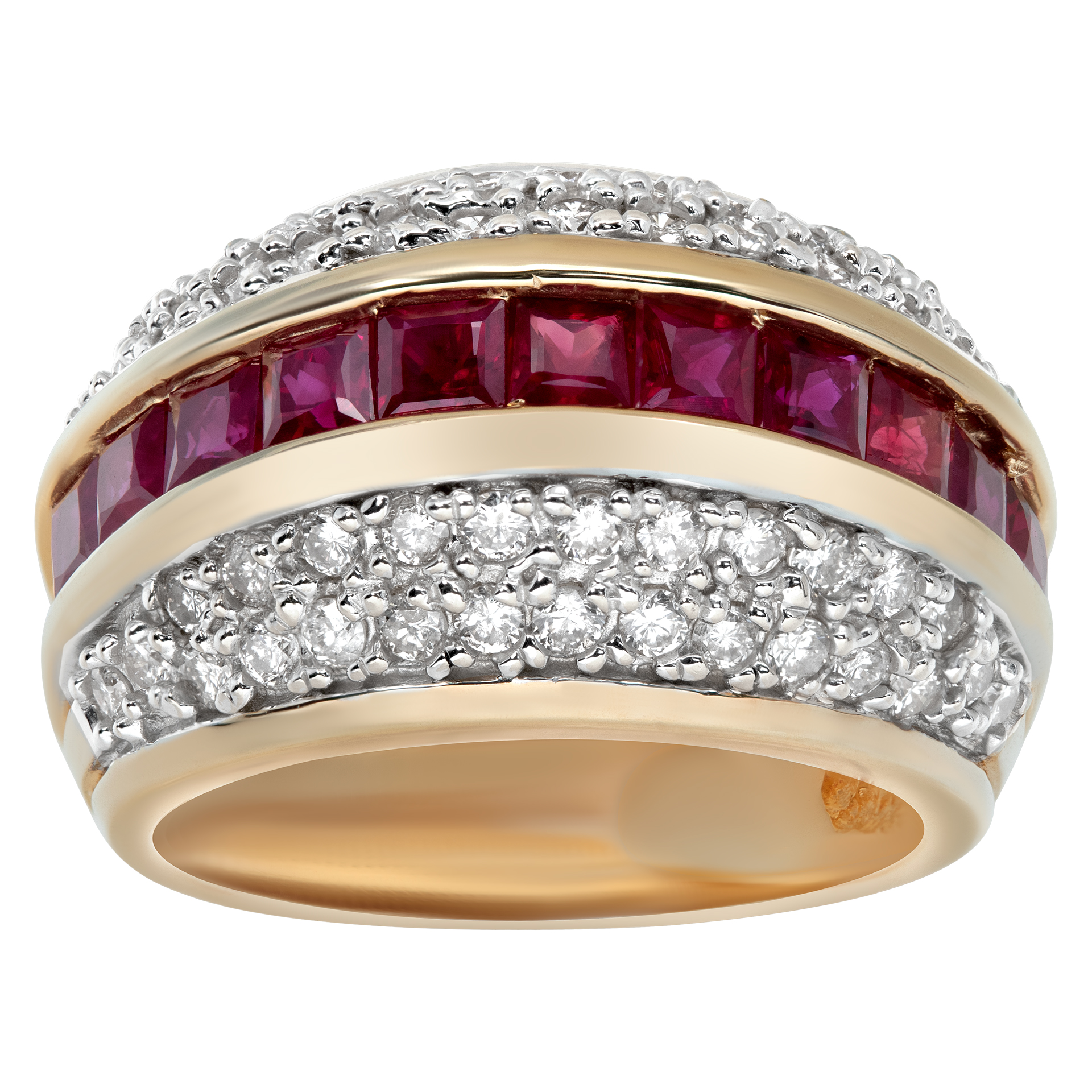 Cuad-row diamond ring with channel set rubies in 14k yellow gold