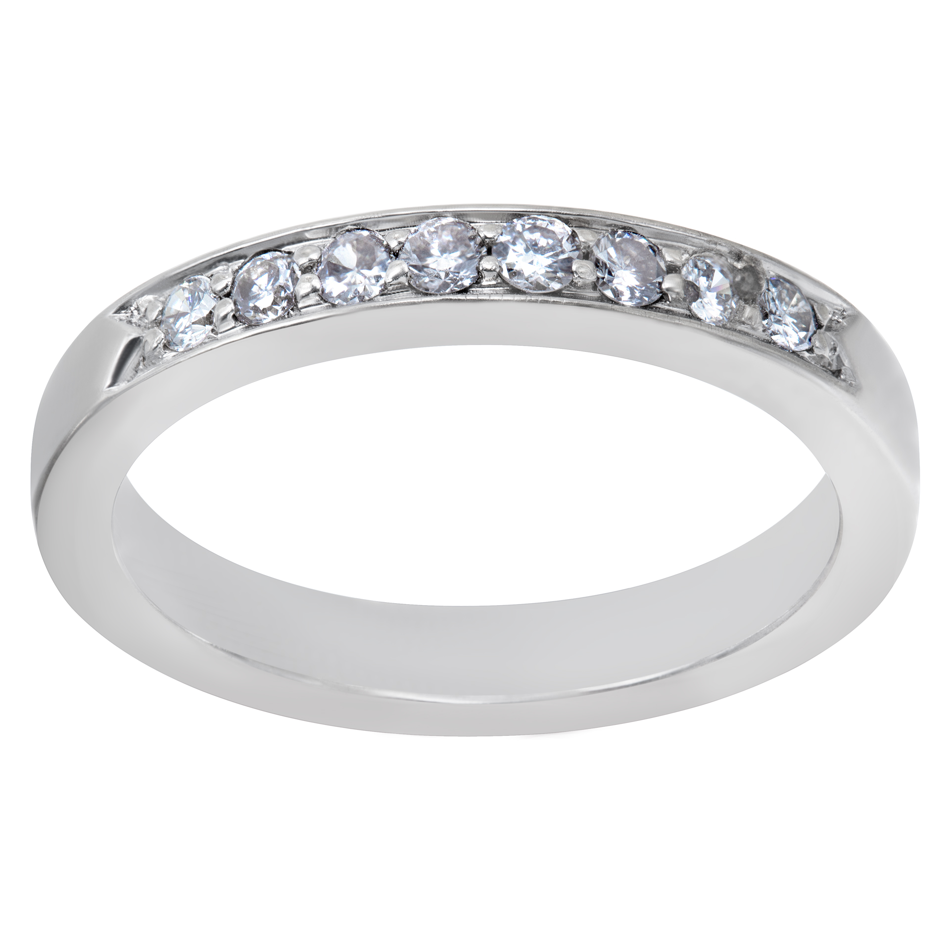 18k white gold semi-eternity diamond ring with approx 0.50 cts in diamonds I-J color SI clarity. Size 6.25.