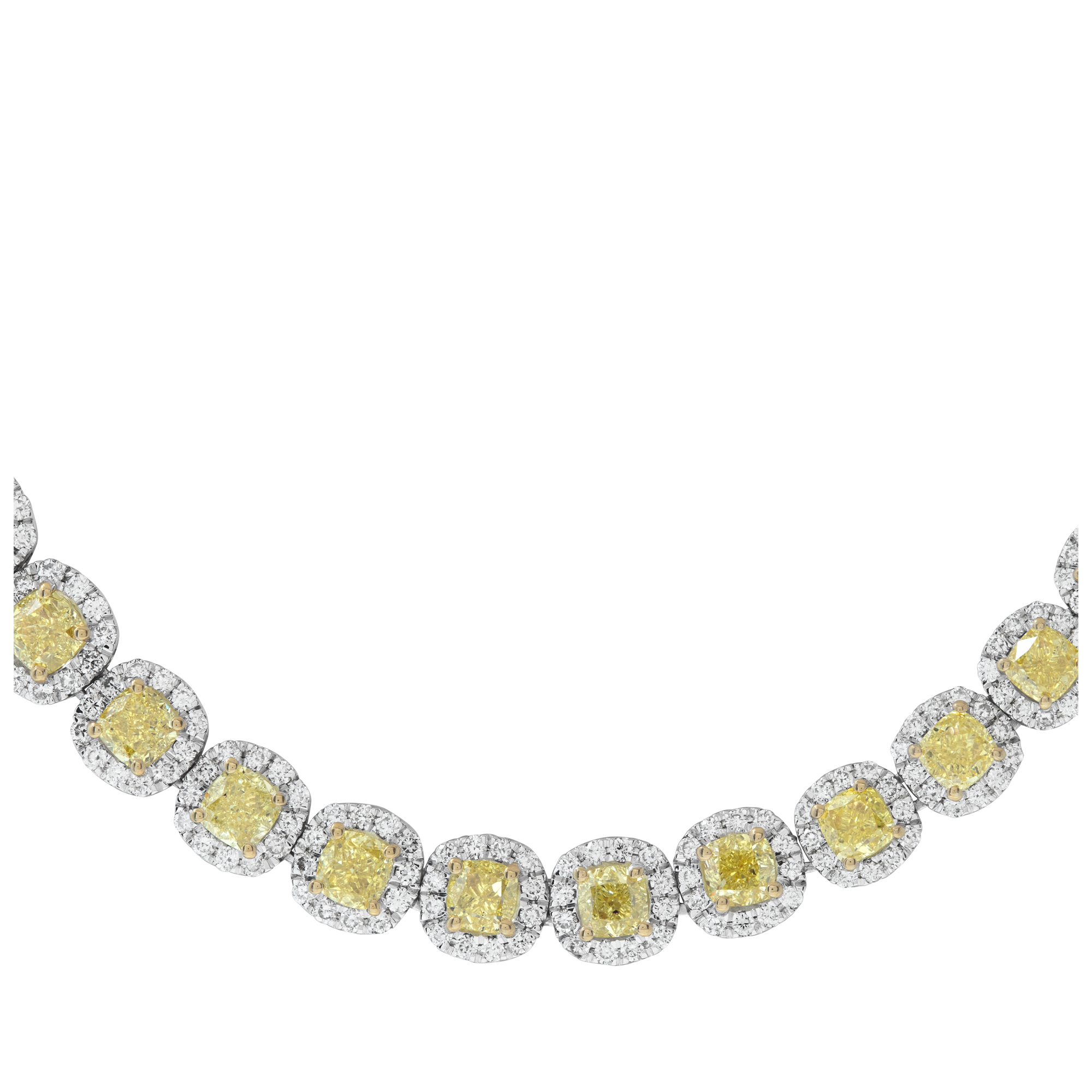Riviera Necklace With Natural Fancy Yellow & White Diamonds (Over 21.00 Carats) Set In 18k White & Yellow Gold. Gia Certificate For 6 Of The Yellow Cushion Diamonds.