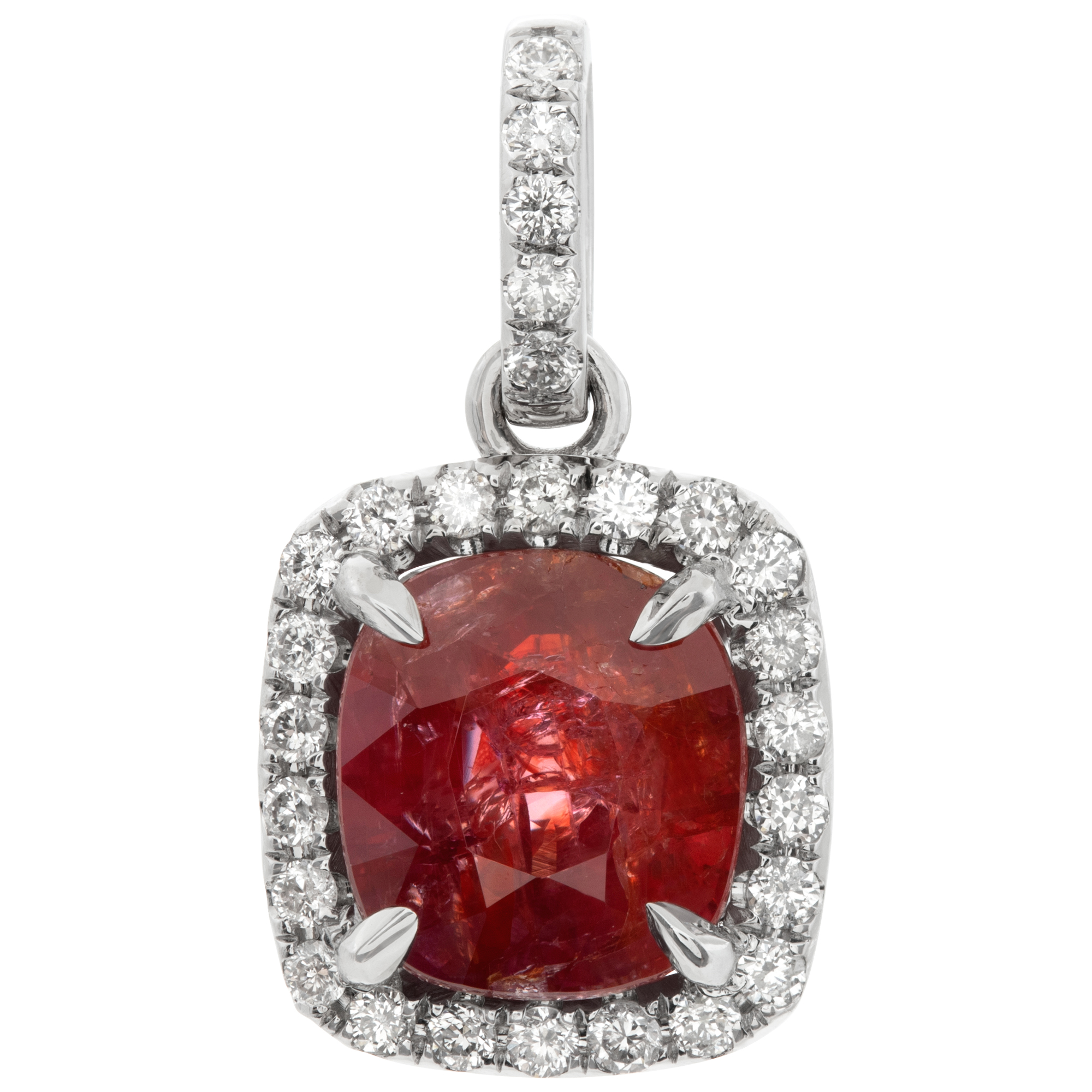 GIA certified natural red ruby cushion shape 3.03 carat pendant in 14k white gold