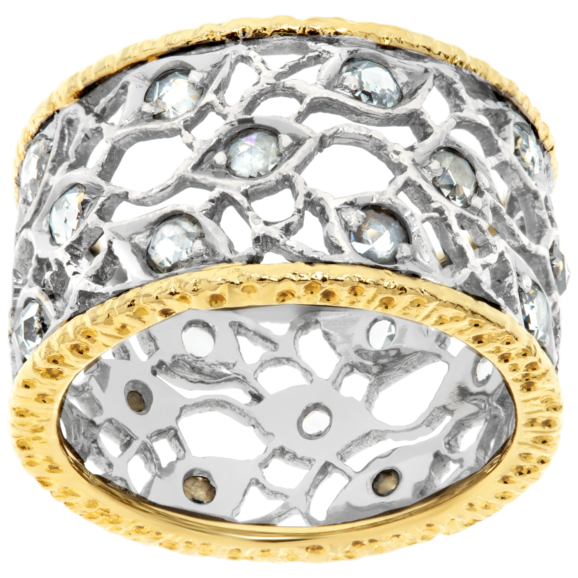 Vintage wide diamond eternity band in 18k white & yellow gold with approximately 1 carat in rose cut diamonds