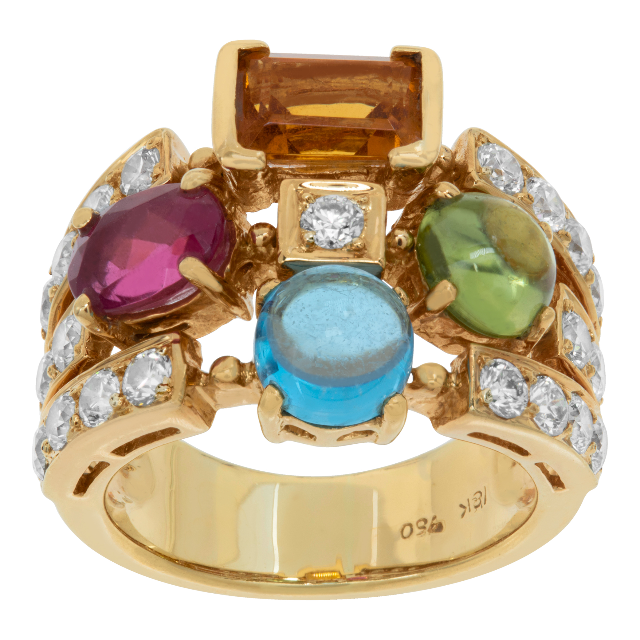 Multicolor gemstone and diamond ring in 18k yellow gold