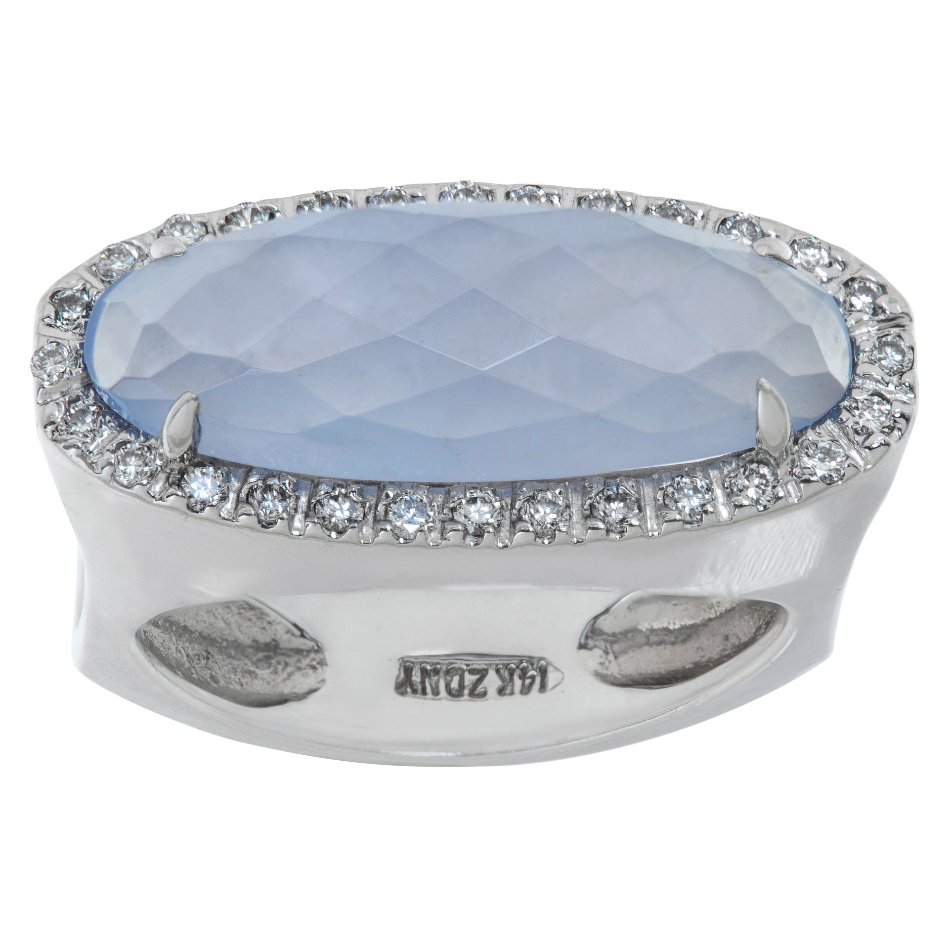 Oval Faceted Ring with approx. 0.50 ct of diamonds bezel mounted around center Chalcedony in 14k white gold