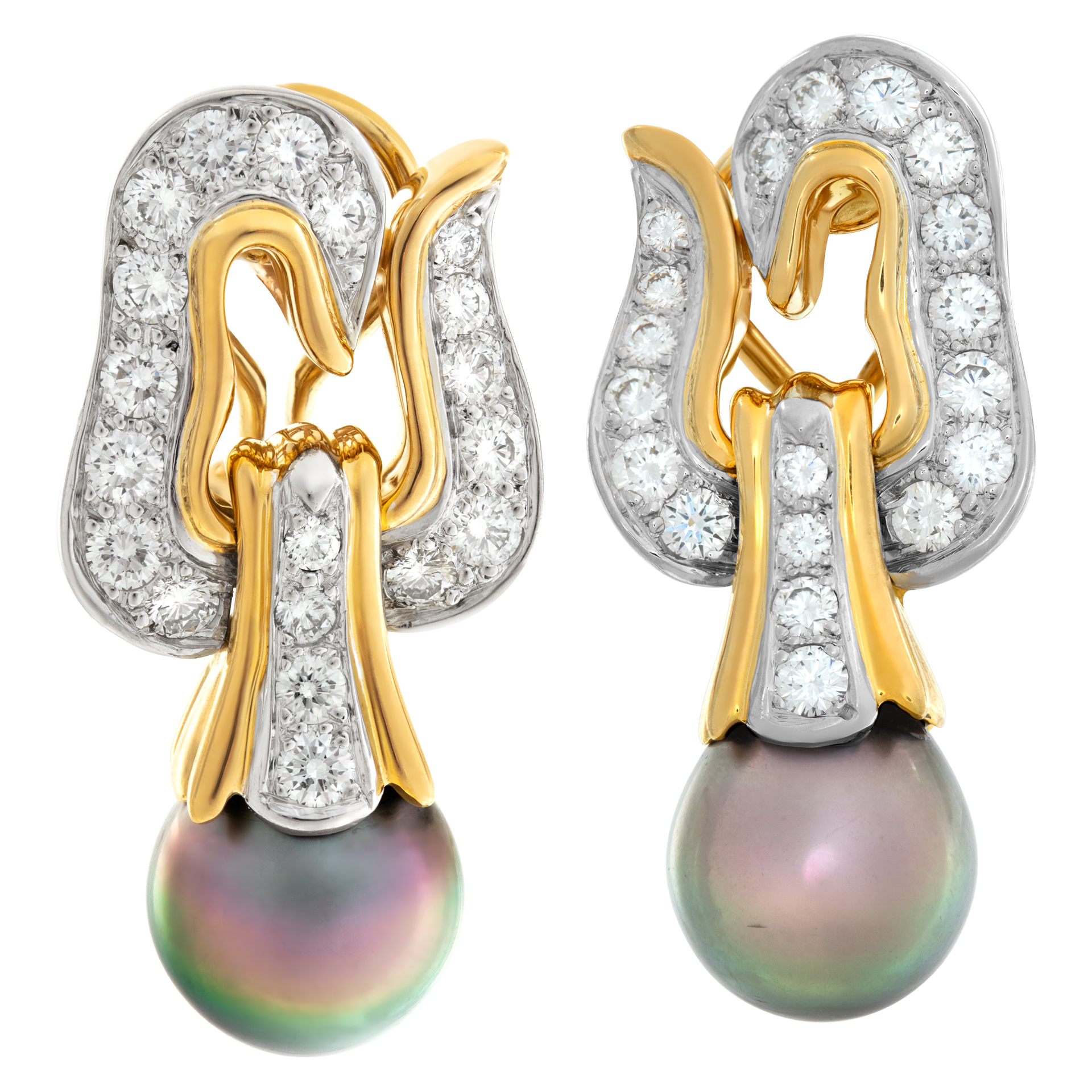 Tiffany & Co.1999  Angela Cumming Tahitian Grey Pearls & Diamonds Earrings In 18k Gold & Platinum. Approx. 2.50 Cats Total Weight.