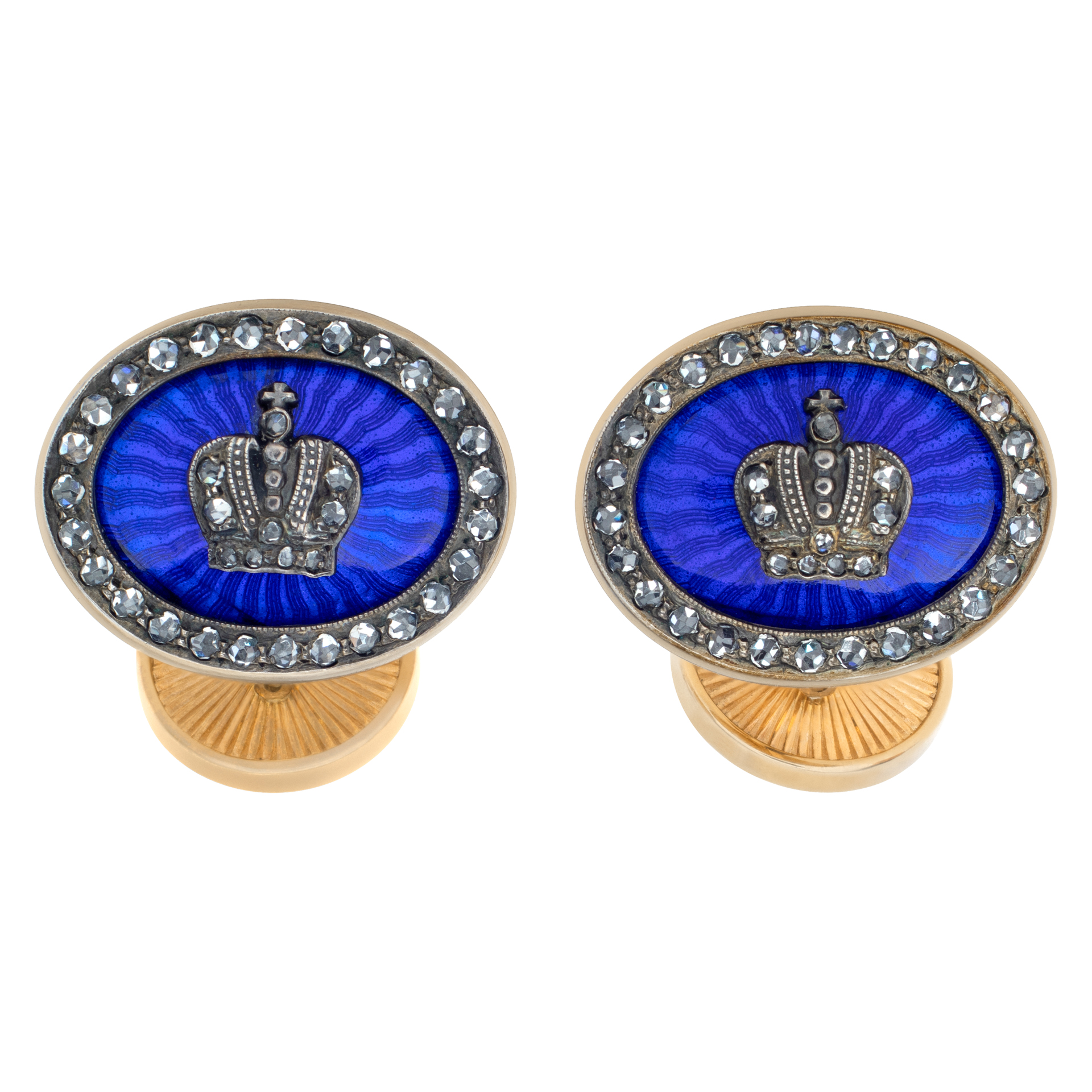 Cufflinks in 14k yellow gold, blue enamel and sterling silver with 0.20 cts of rose cut diamonds (Stones)