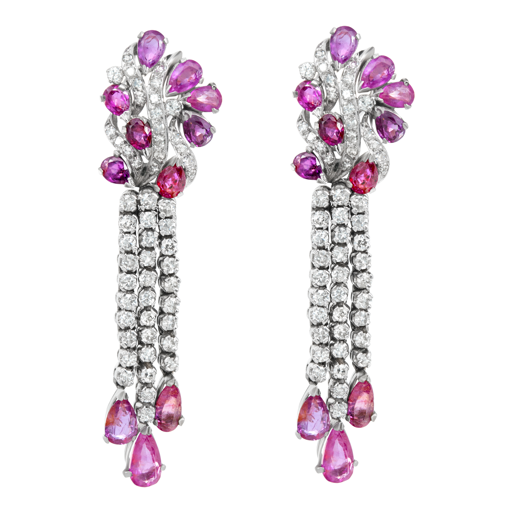 Pink sapphires (4.00 carats) and diamonds (2.00 carats) drop earrings in 14K white gold.