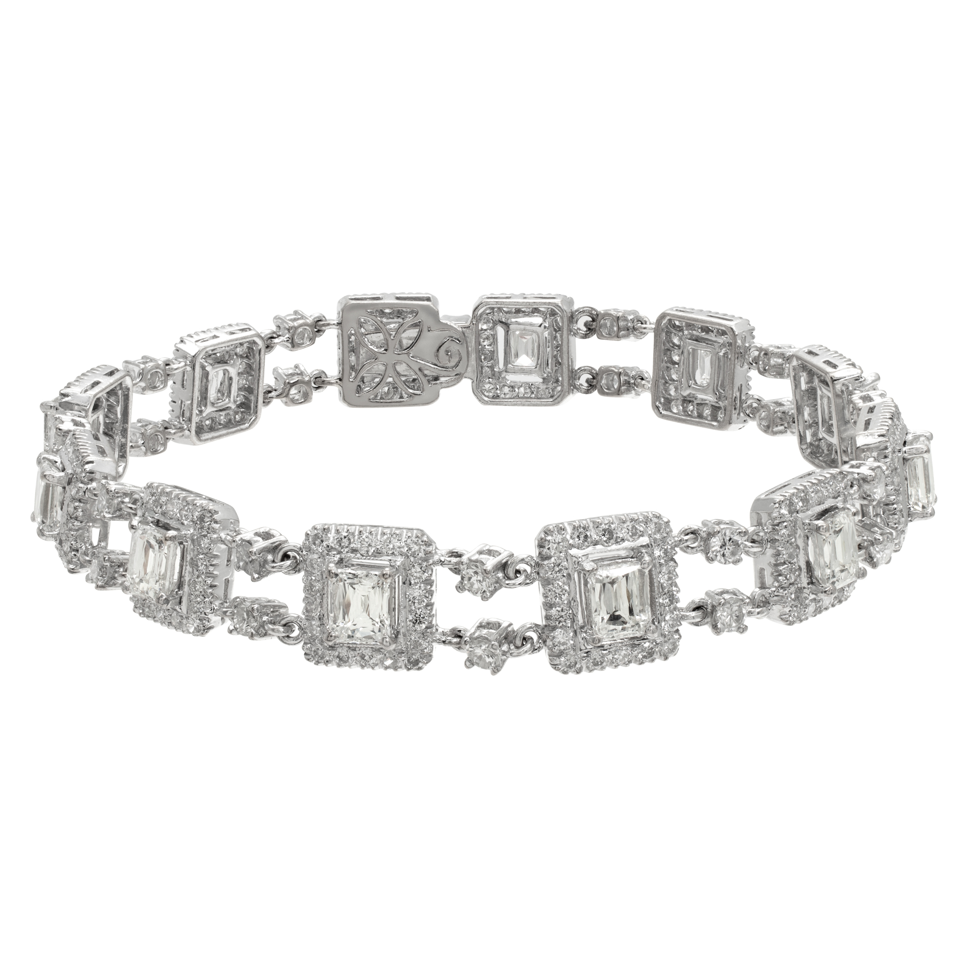 Illusion baguette and round brilliant cut diamond (approx. 7.49 carat) line bracelet in 18k white gold