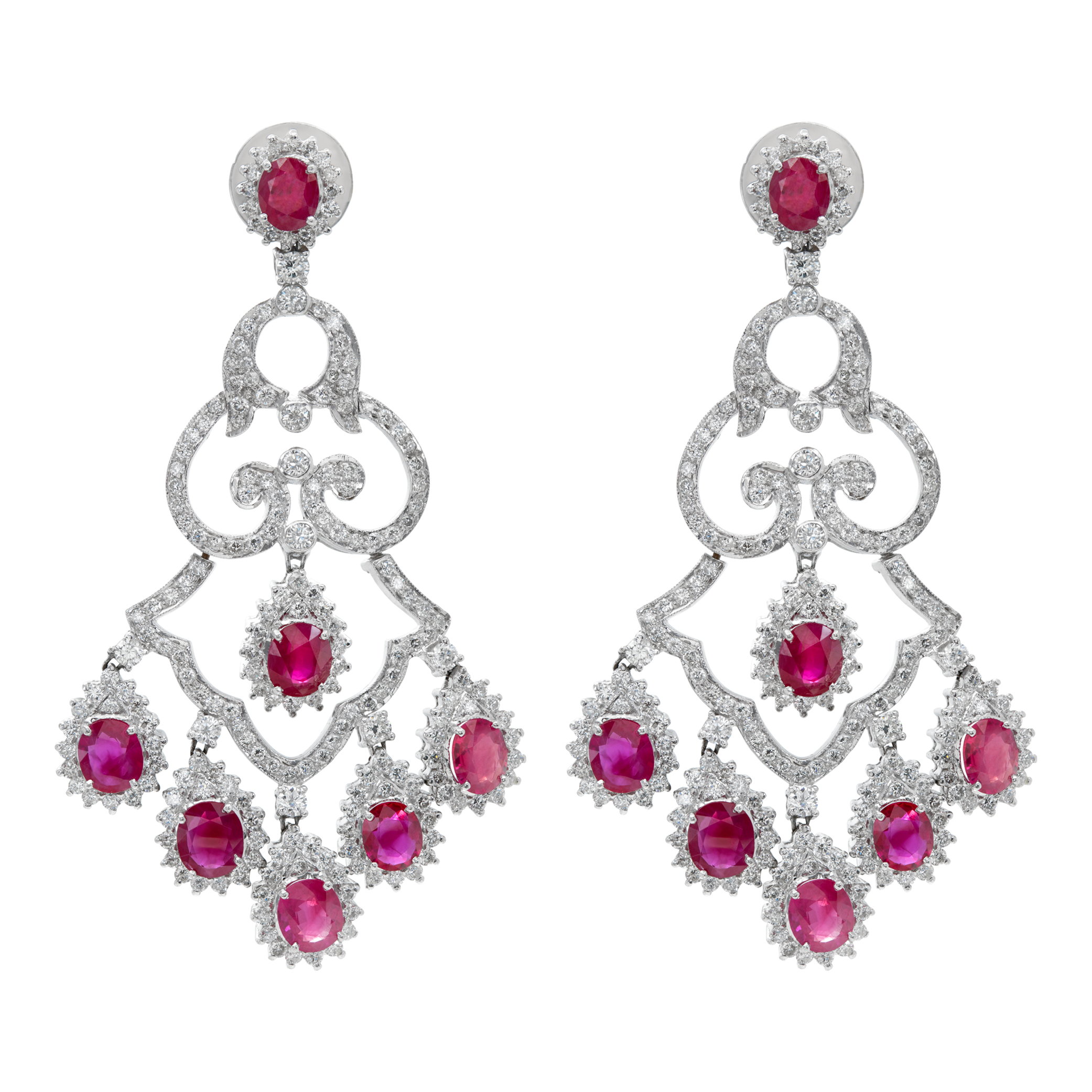 Ruby and Diamond Chandelier earrings in 18k white gold. Ruby: 11.10 carats, Diamonds: 6.30 carats